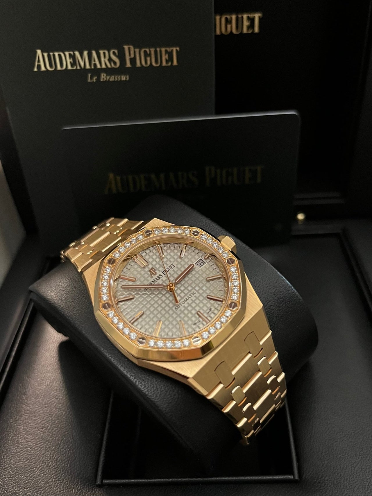 Audemars Piguet Royal Oak Lady 37mm Rose Gold Diamond Bezel Grey Dial 15451OR.ZZ.1256OR.02 - WatchesOff5th