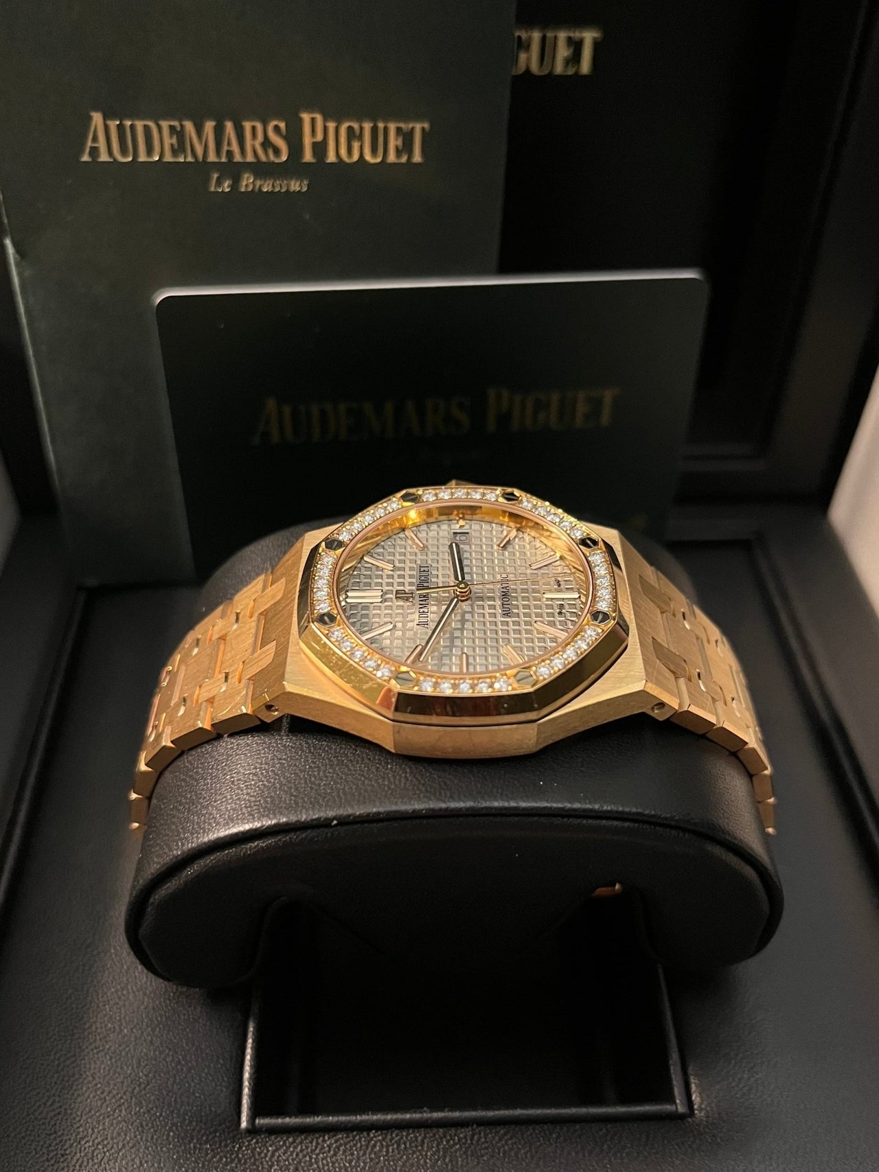 Audemars Piguet Royal Oak Lady 37mm Rose Gold Diamond Bezel Grey Dial 15451OR.ZZ.1256OR.02 - WatchesOff5th