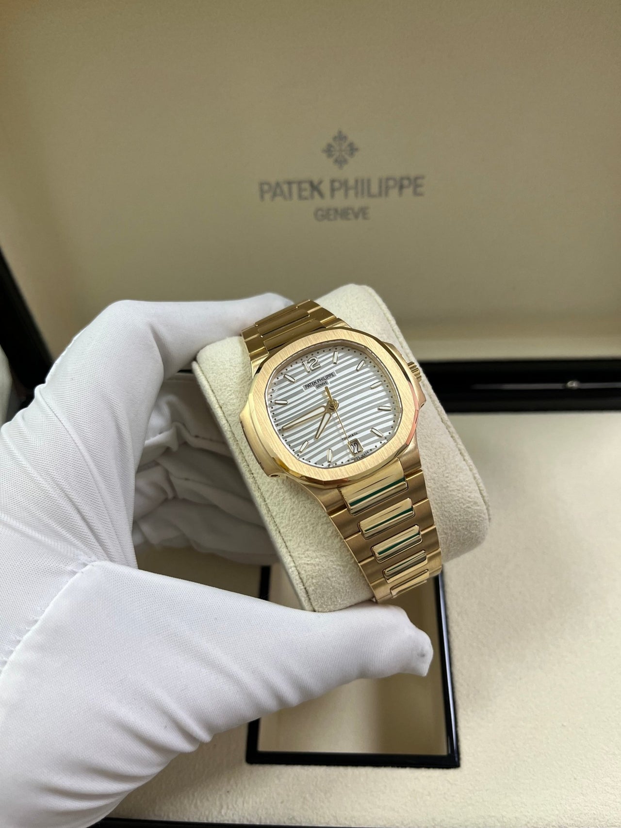 Patek Philippe Ladies Rose Gold Nautilus White Silver Opaline Dial Tiffany Papers 7118/1R-001 - WatchesOff5th