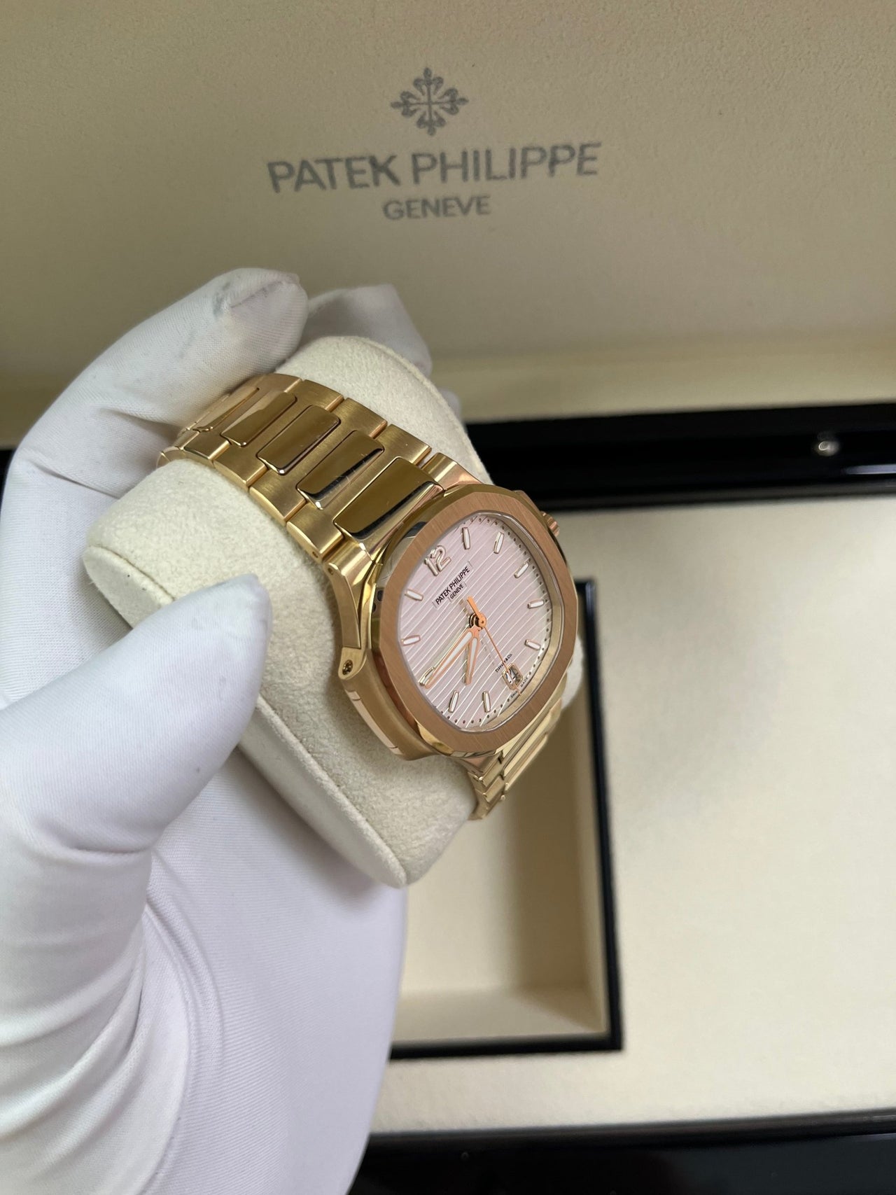 Patek Philippe Ladies Rose Gold Nautilus White Silver Opaline Dial Tiffany Papers 7118/1R-001 - WatchesOff5th
