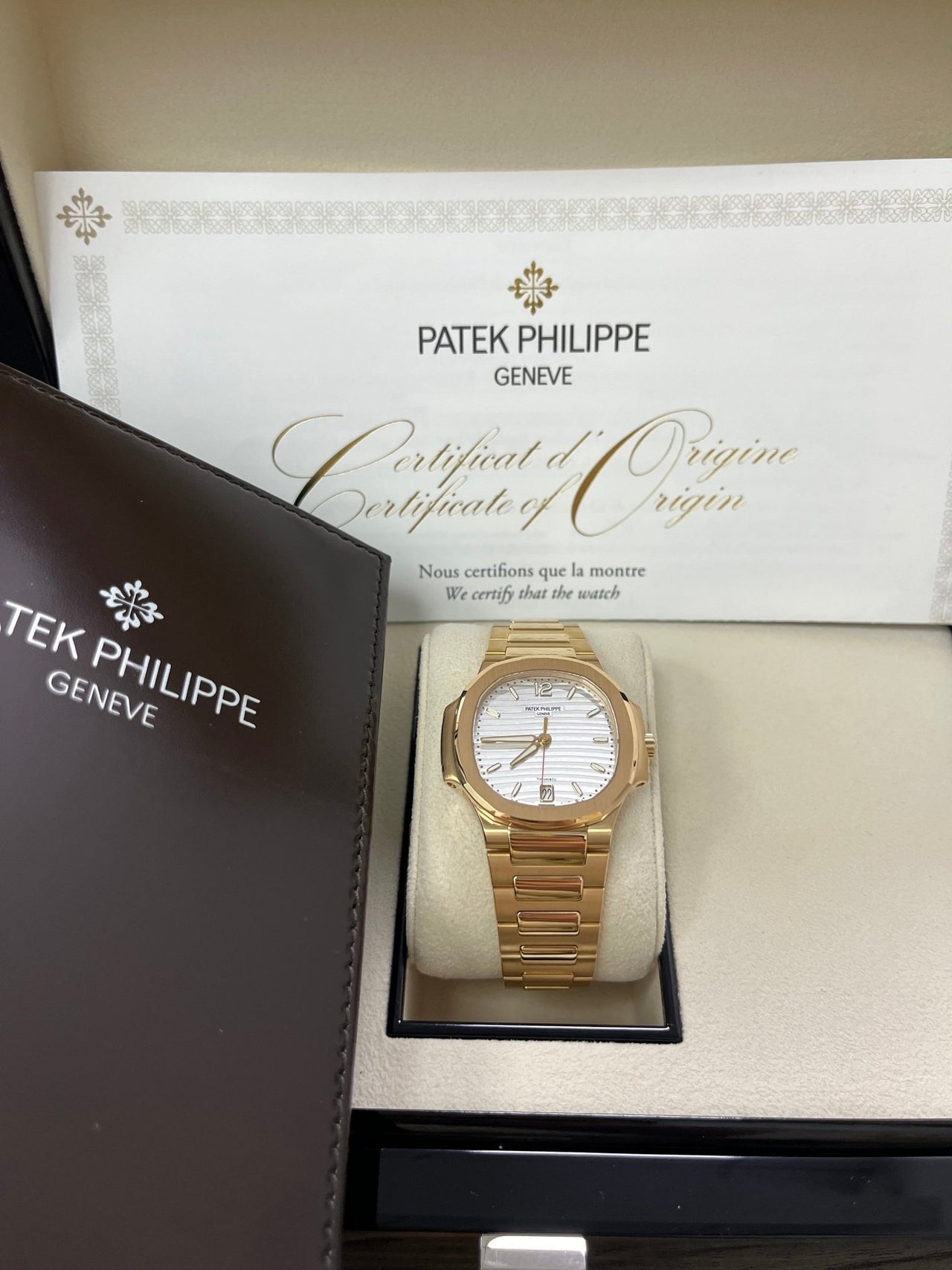 Patek Philippe Ladies Rose Gold Nautilus White Silver Opaline Dial Tiffany Papers 7118/1R-001 - WatchesOff5th
