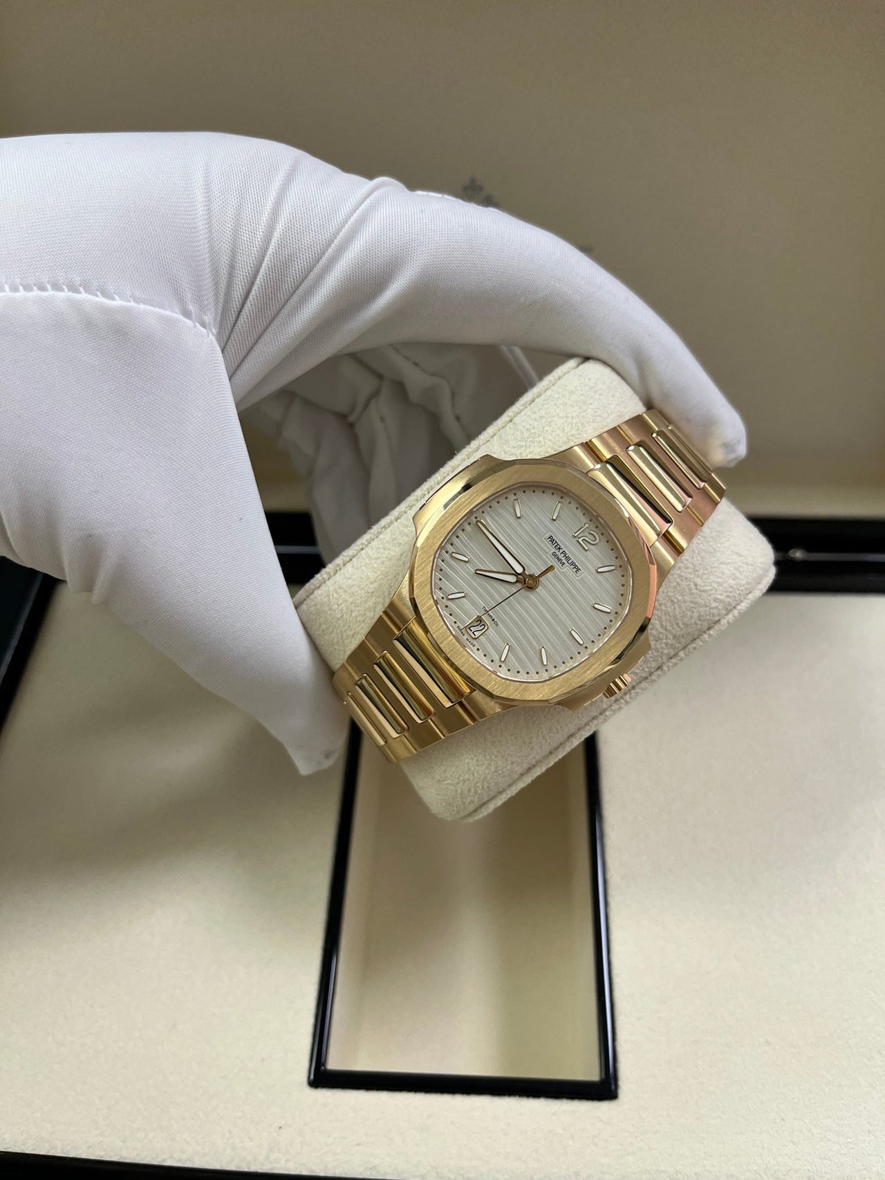 Patek Philippe Ladies Rose Gold Nautilus White Silver Opaline Dial Tiffany Papers 7118/1R-001 - WatchesOff5th