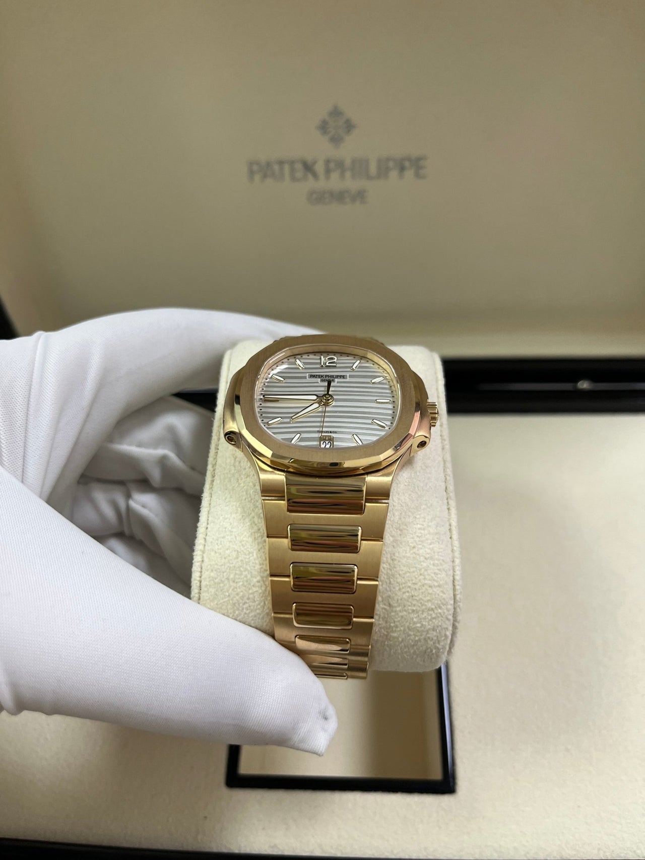 Patek Philippe Ladies Rose Gold Nautilus White Silver Opaline Dial Tiffany Papers 7118/1R-001 - WatchesOff5th
