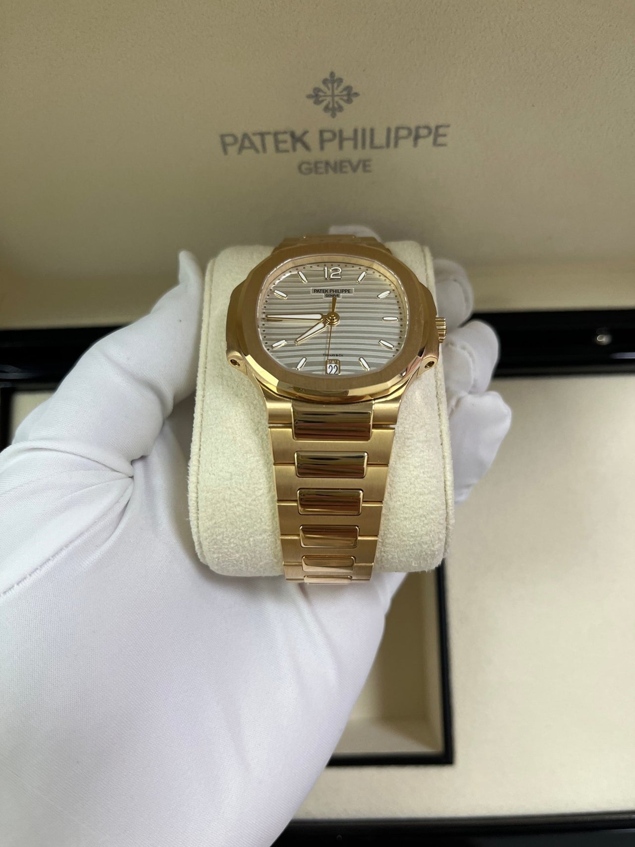 Patek Philippe Ladies Rose Gold Nautilus White Silver Opaline Dial Tiffany Papers 7118/1R-001 - WatchesOff5th