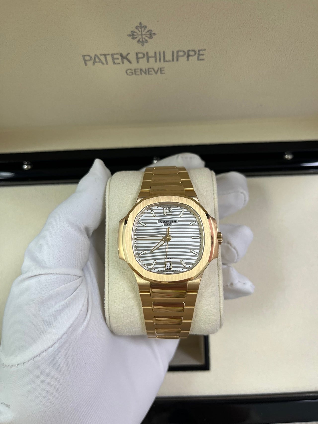 Patek Philippe Ladies Rose Gold Nautilus White Silver Opaline Dial Tiffany Papers 7118/1R-001 - WatchesOff5th