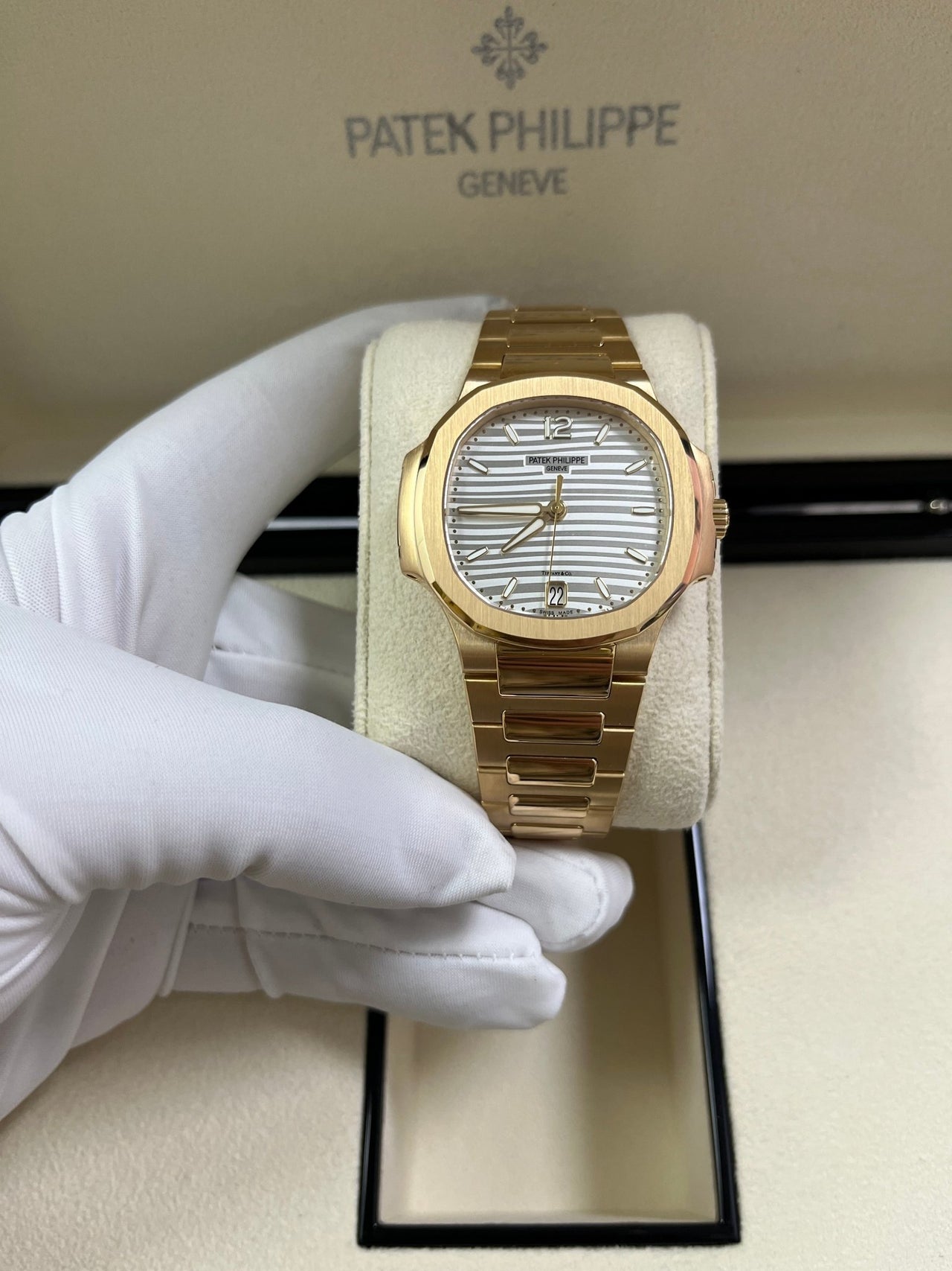 Patek Philippe Ladies Rose Gold Nautilus White Silver Opaline Dial Tiffany Papers 7118/1R-001 - WatchesOff5th