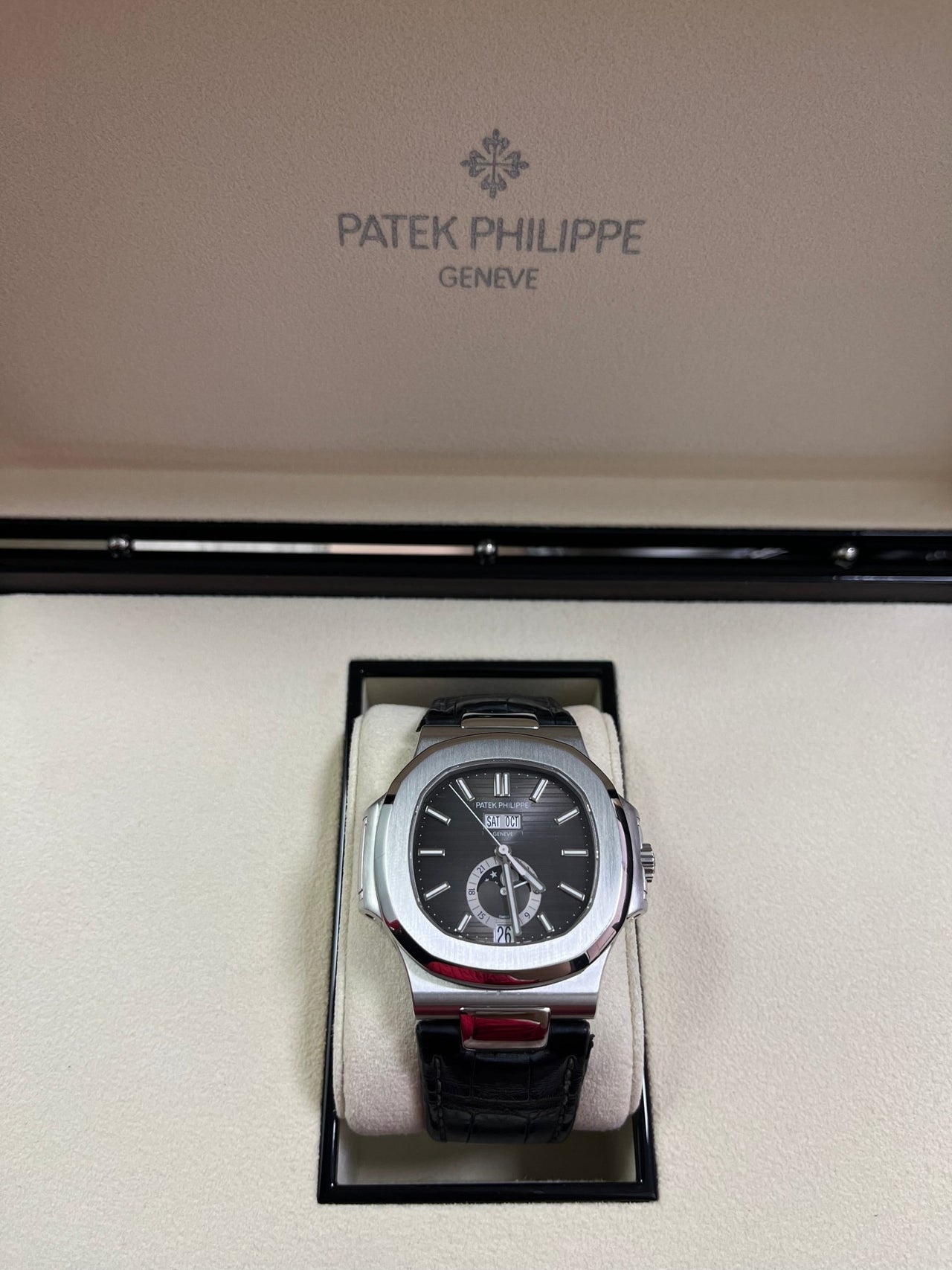 Patek Philippe Nautilus Stainless Steel Moon Phase Black Leather Strap (Ref#5726A - 001) - WatchesOff5thWatch