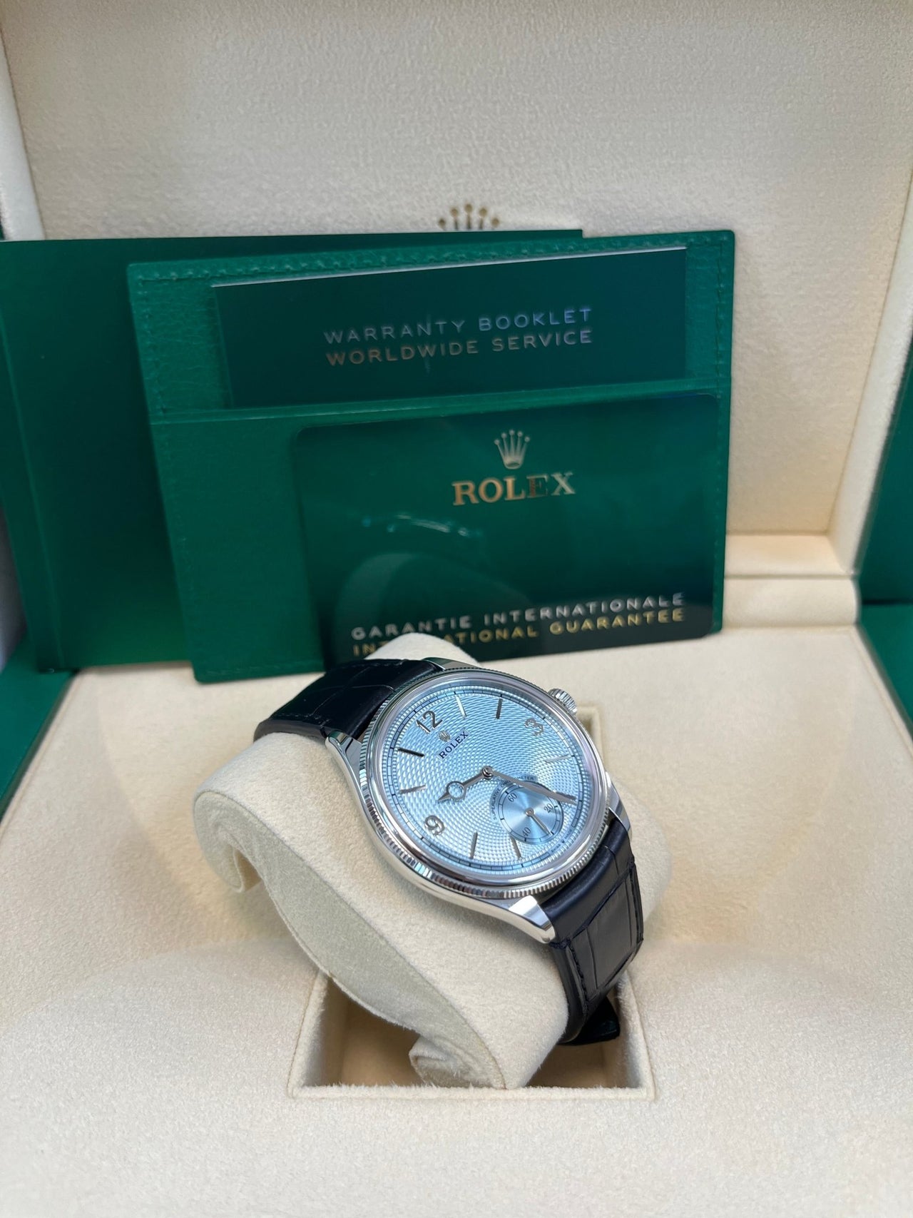 Rolex 1908 Ice Blue Motif Index Dial Leather Strap Reference 52506 Black Alligator Strap - WatchesOff5thWatch