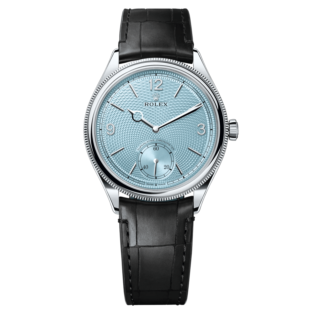 Rolex 1908 Ice Blue Motif Index Dial Leather Strap Reference 52506 Black Alligator Strap - WatchesOff5thWatch