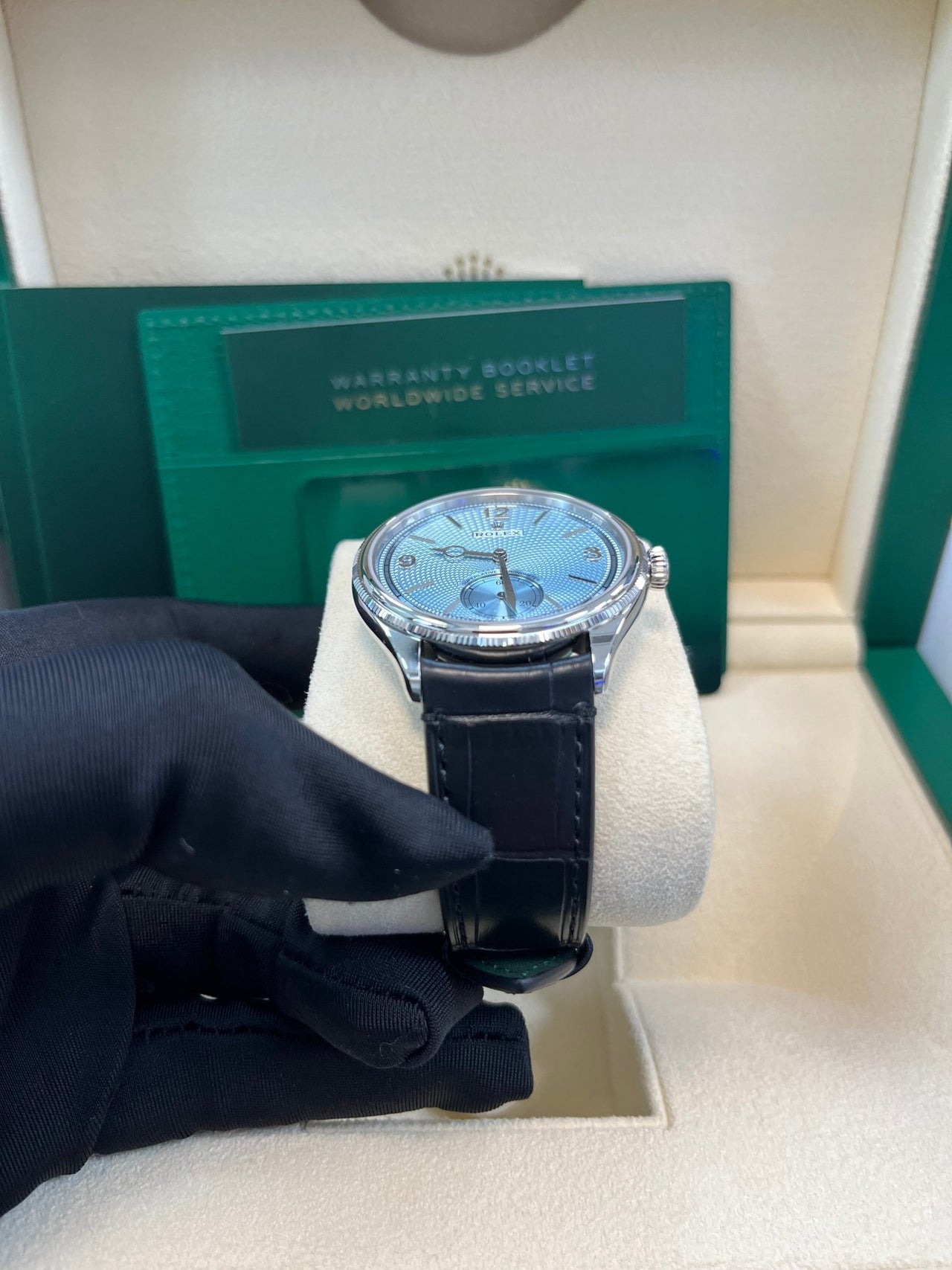 Rolex 1908 Ice Blue Motif Index Dial Leather Strap Reference 52506 Black Alligator Strap - WatchesOff5thWatch