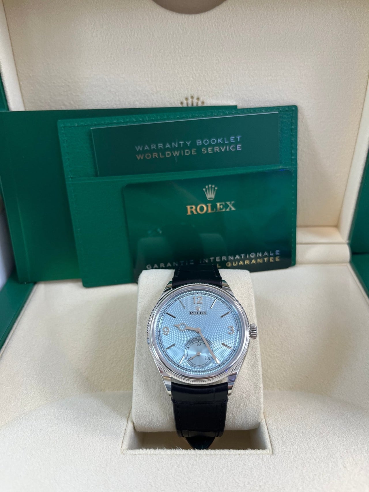 Rolex 1908 Ice Blue Motif Index Dial Leather Strap Reference 52506 Black Alligator Strap - WatchesOff5thWatch