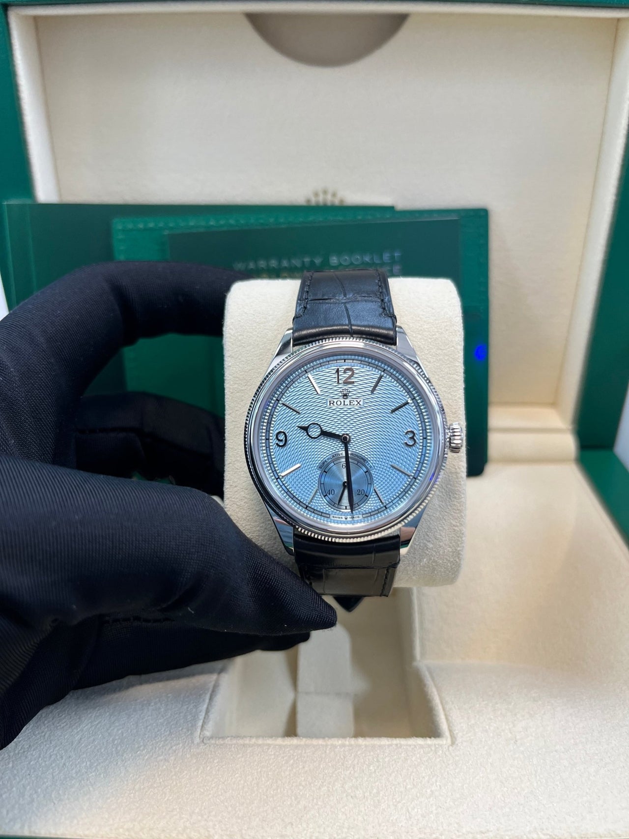 Rolex 1908 Ice Blue Motif Index Dial Leather Strap Reference 52506 Black Alligator Strap - WatchesOff5thWatch