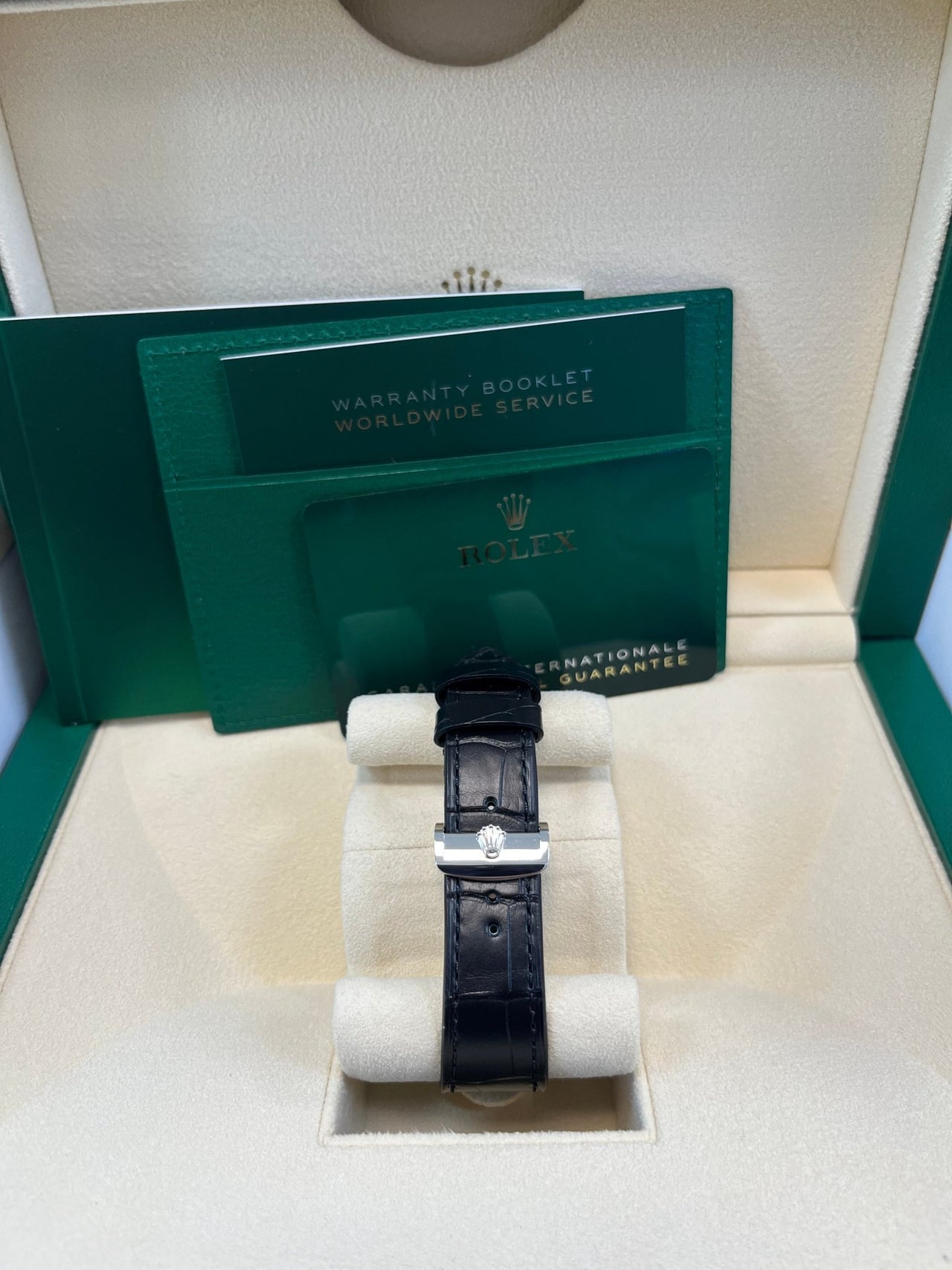 Rolex 1908 Ice Blue Motif Index Dial Leather Strap Reference 52506 Black Alligator Strap - WatchesOff5thWatch