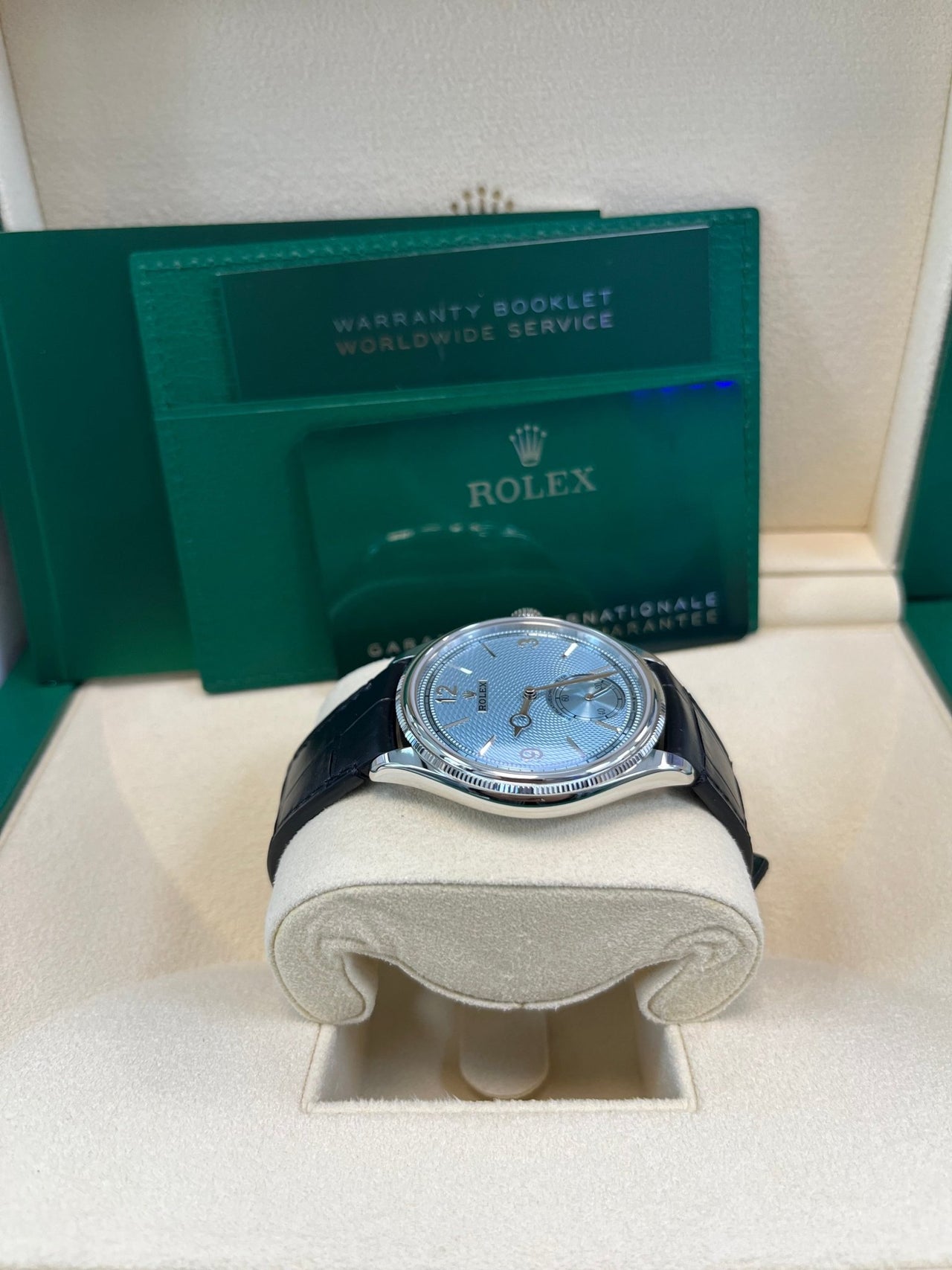 Rolex 1908 Ice Blue Motif Index Dial Leather Strap Reference 52506 Black Alligator Strap - WatchesOff5thWatch