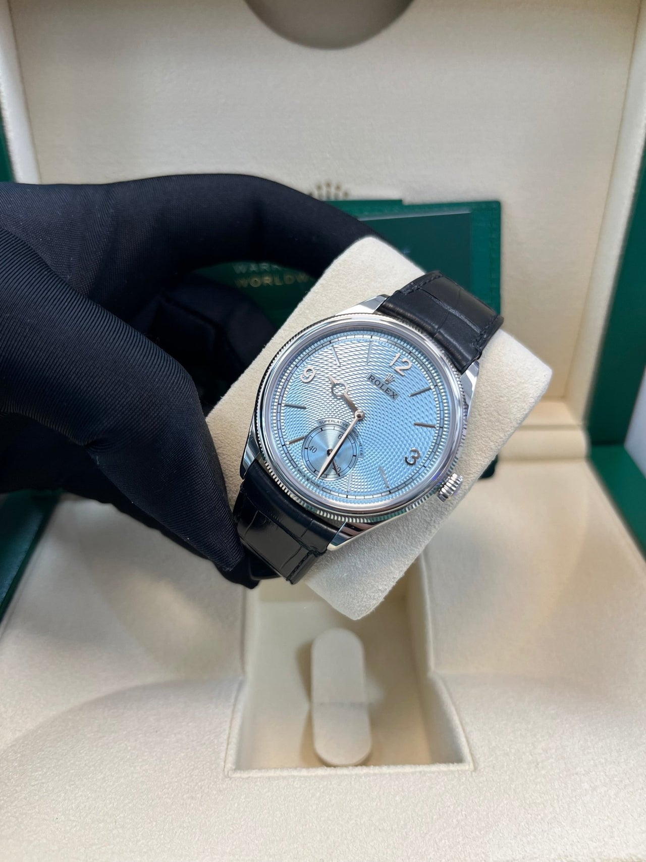 Rolex 1908 Ice Blue Motif Index Dial Leather Strap Reference 52506 Black Alligator Strap - WatchesOff5thWatch