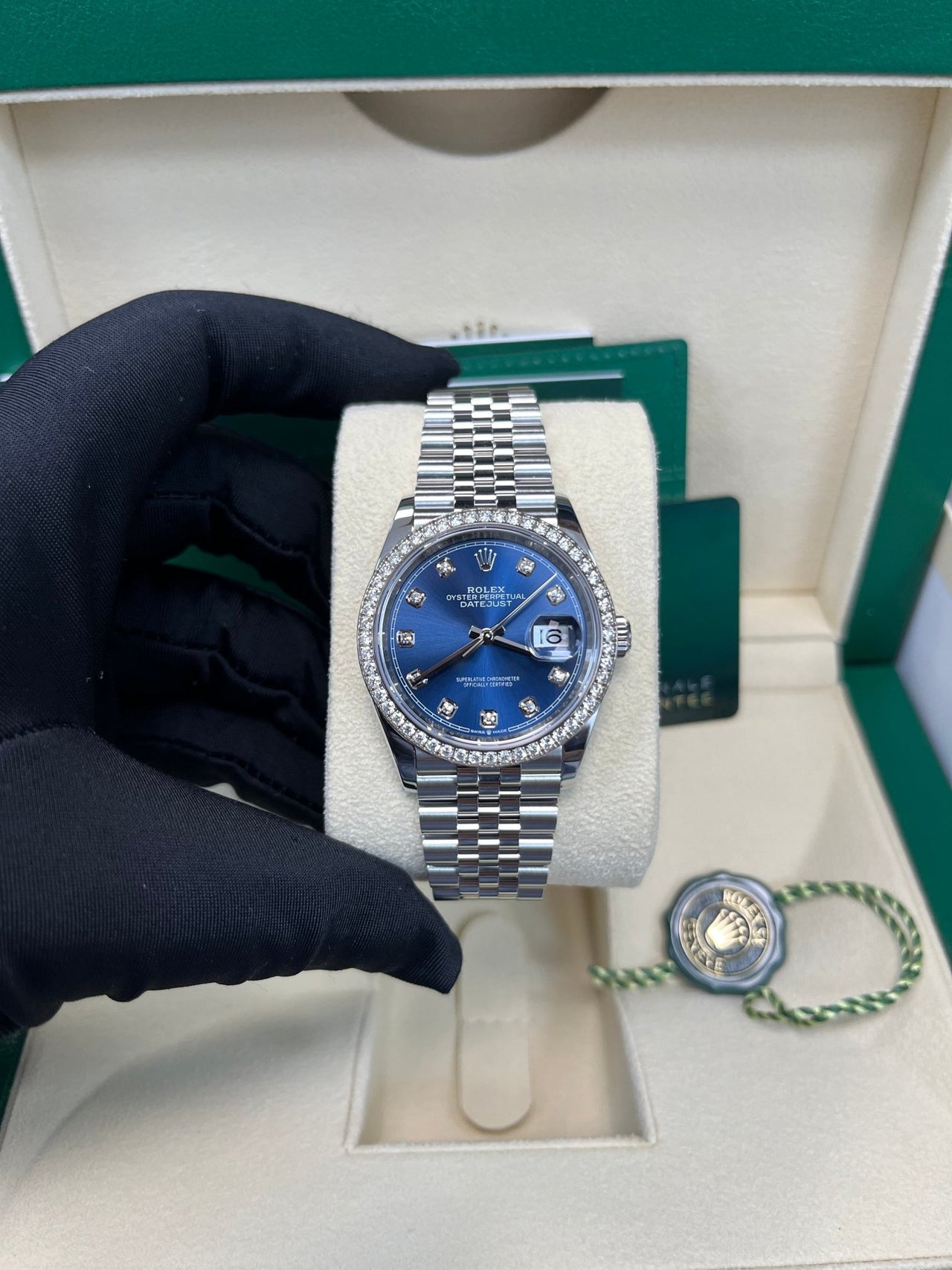 Rolex Datejust 36 Bright Blue Diamond Dial & Diamond Bezel Jubilee Bracelet 126284RBR - WatchesOff5th