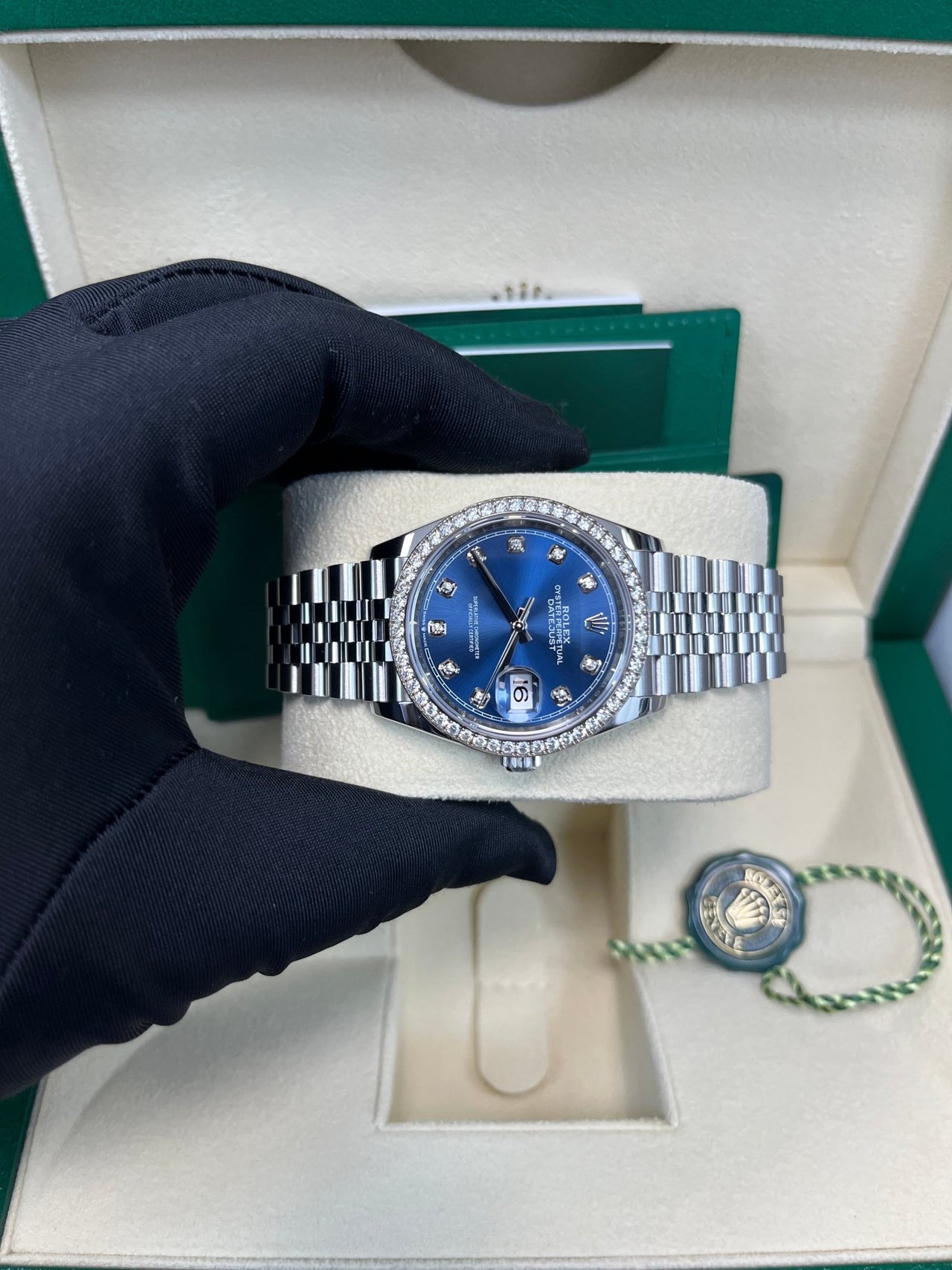 Rolex Datejust 36 Bright Blue Diamond Dial & Diamond Bezel Jubilee Bracelet 126284RBR - WatchesOff5th