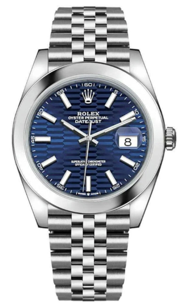 Rolex Datejust 41 Blue Motif Dial Smooth Bezel Jubilee Bracelet 126300 - WatchesOff5th