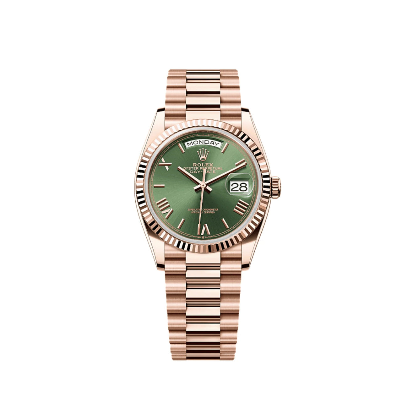 Rolex Day - Date 36 36mm Everose gold Reference 128235 Olive Dial NEW RELEASE - WatchesOff5thWatch