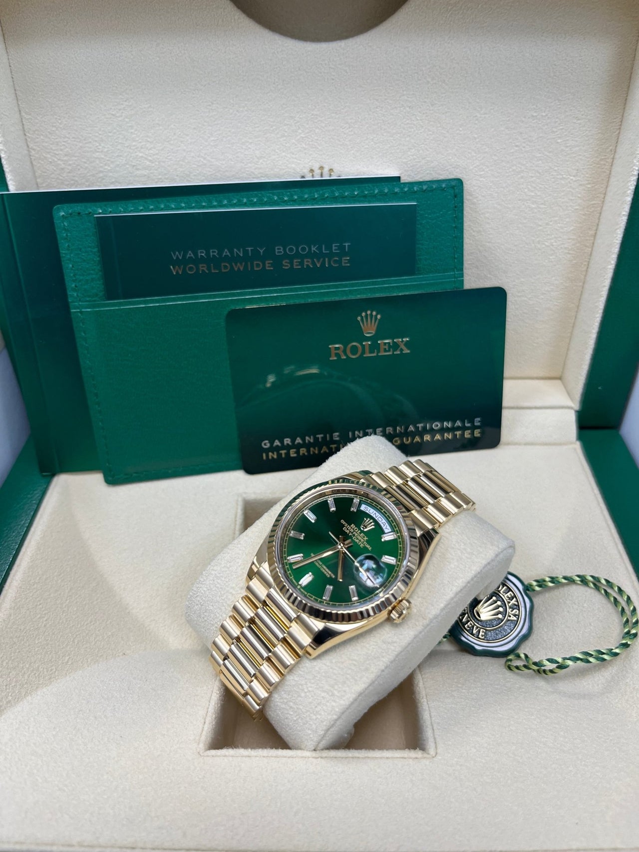 Rolex Day - Date 36 36mm NEW RELEASE 2024 Day - Date 36 GREEN BAGUETTE DIAL 128238 - WatchesOff5thWatch