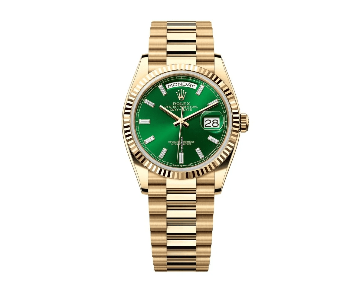 Rolex Day - Date 36 36mm NEW RELEASE 2024 Day - Date 36 GREEN BAGUETTE DIAL 128238 - WatchesOff5thWatch