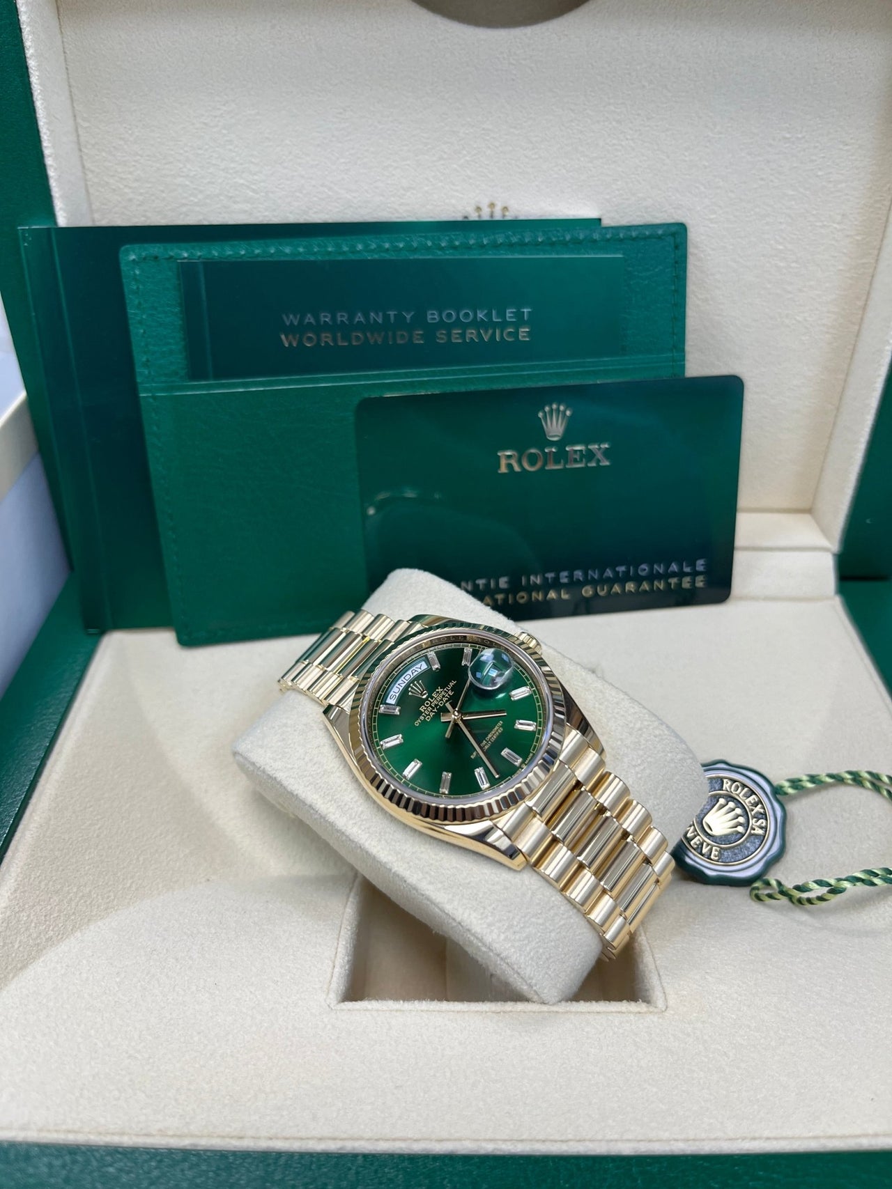 Rolex Day - Date 36 36mm NEW RELEASE 2024 Day - Date 36 GREEN BAGUETTE DIAL 128238 - WatchesOff5thWatch