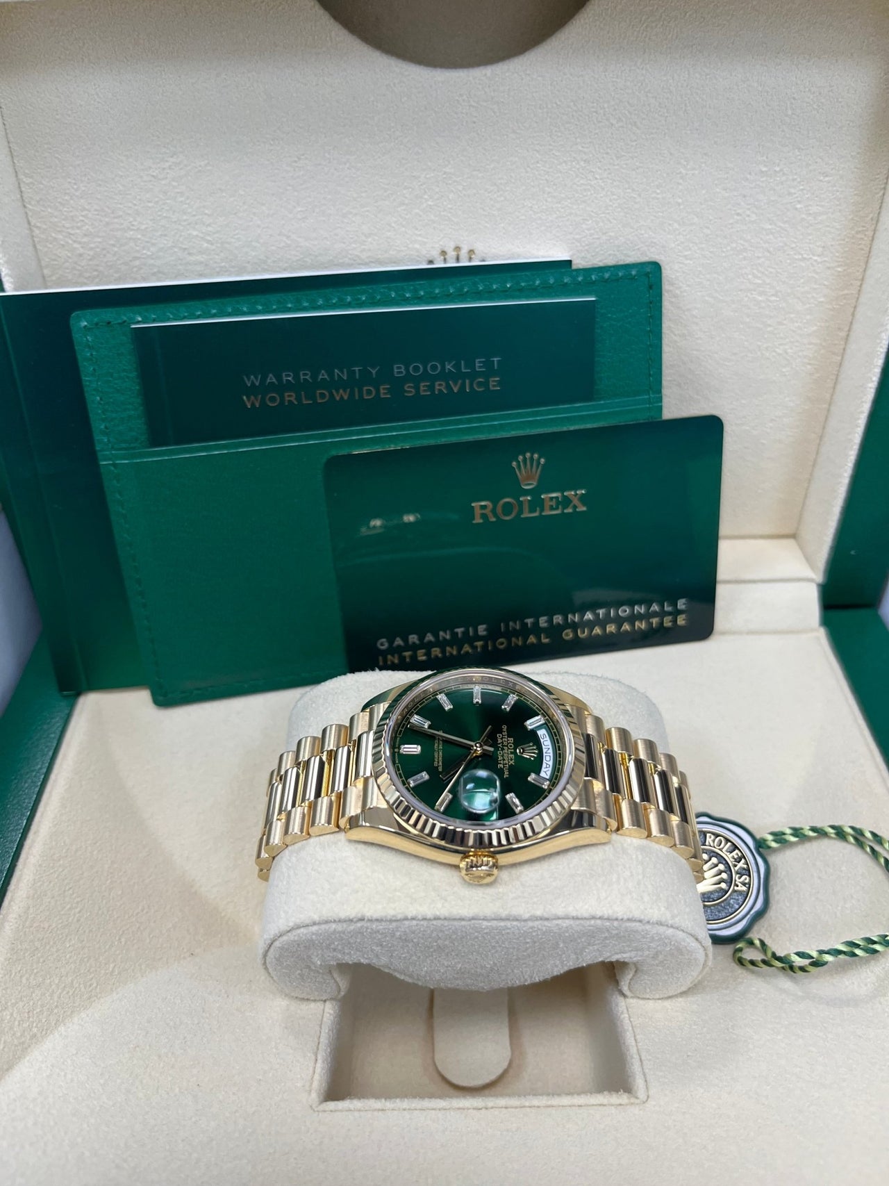 Rolex Day - Date 36 36mm NEW RELEASE 2024 Day - Date 36 GREEN BAGUETTE DIAL 128238 - WatchesOff5thWatch