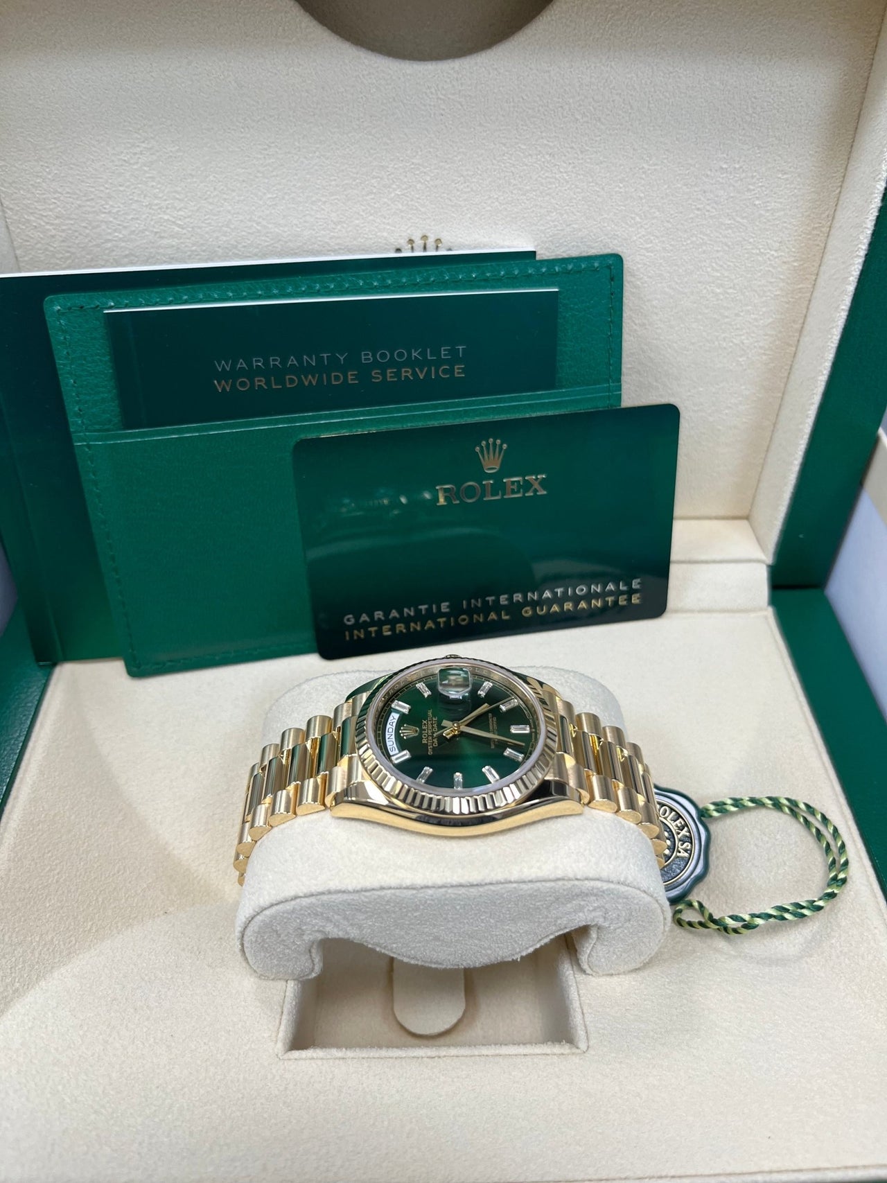 Rolex Day - Date 36 36mm NEW RELEASE 2024 Day - Date 36 GREEN BAGUETTE DIAL 128238 - WatchesOff5thWatch