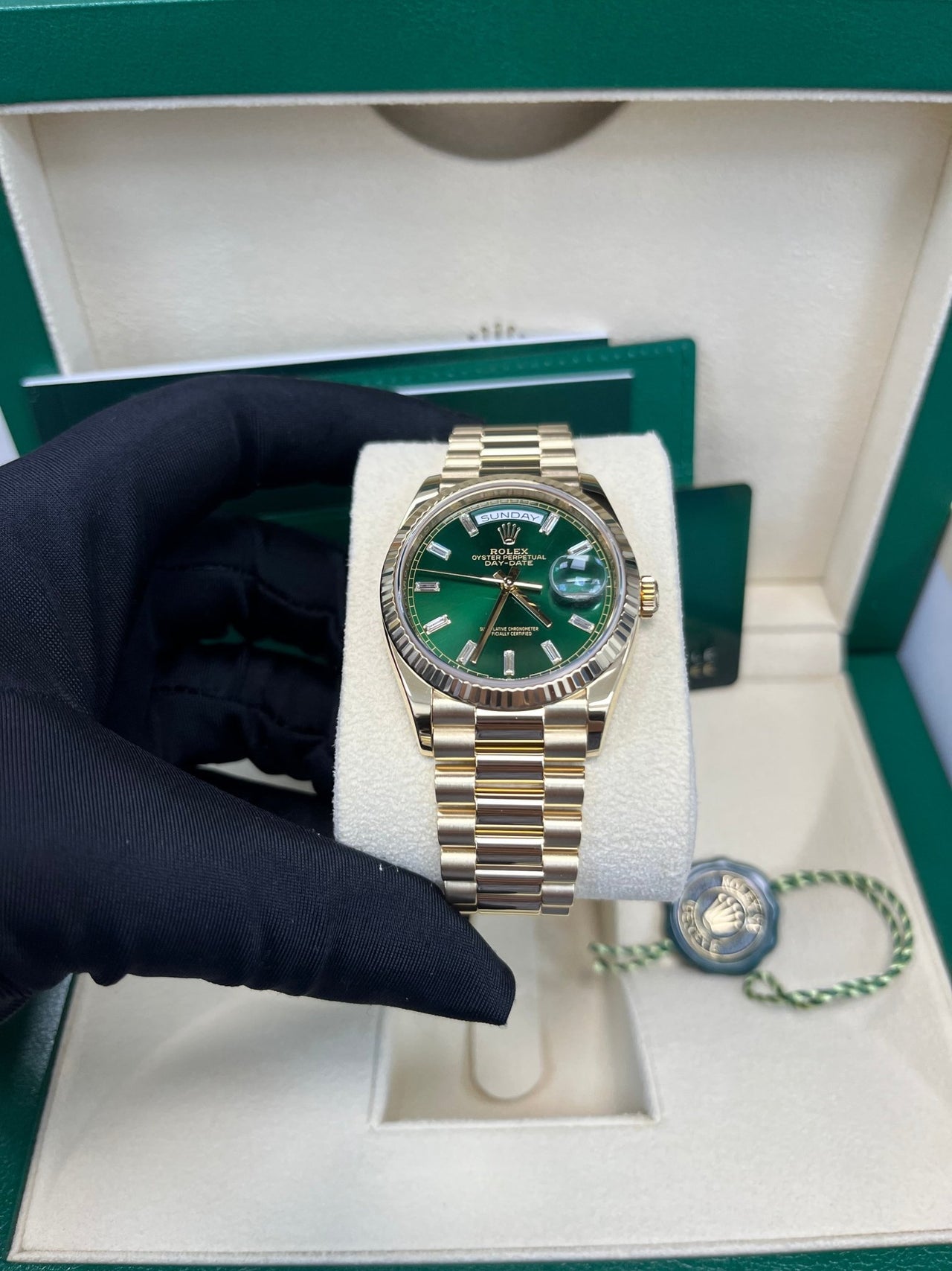 Rolex Day - Date 36 36mm NEW RELEASE 2024 Day - Date 36 GREEN BAGUETTE DIAL 128238 - WatchesOff5thWatch