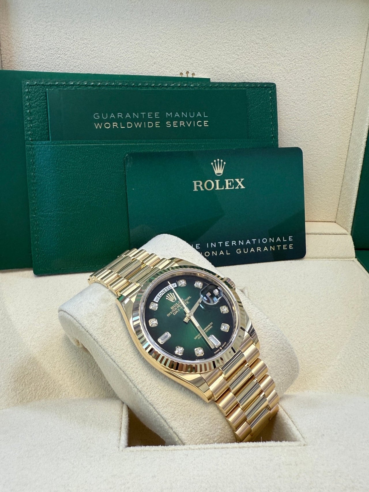 Rolex Day - Date 36 Watch Fluted Bezel Green Ombre´ Diamond Dial President Bracelet (Ref# 128238) - WatchesOff5th