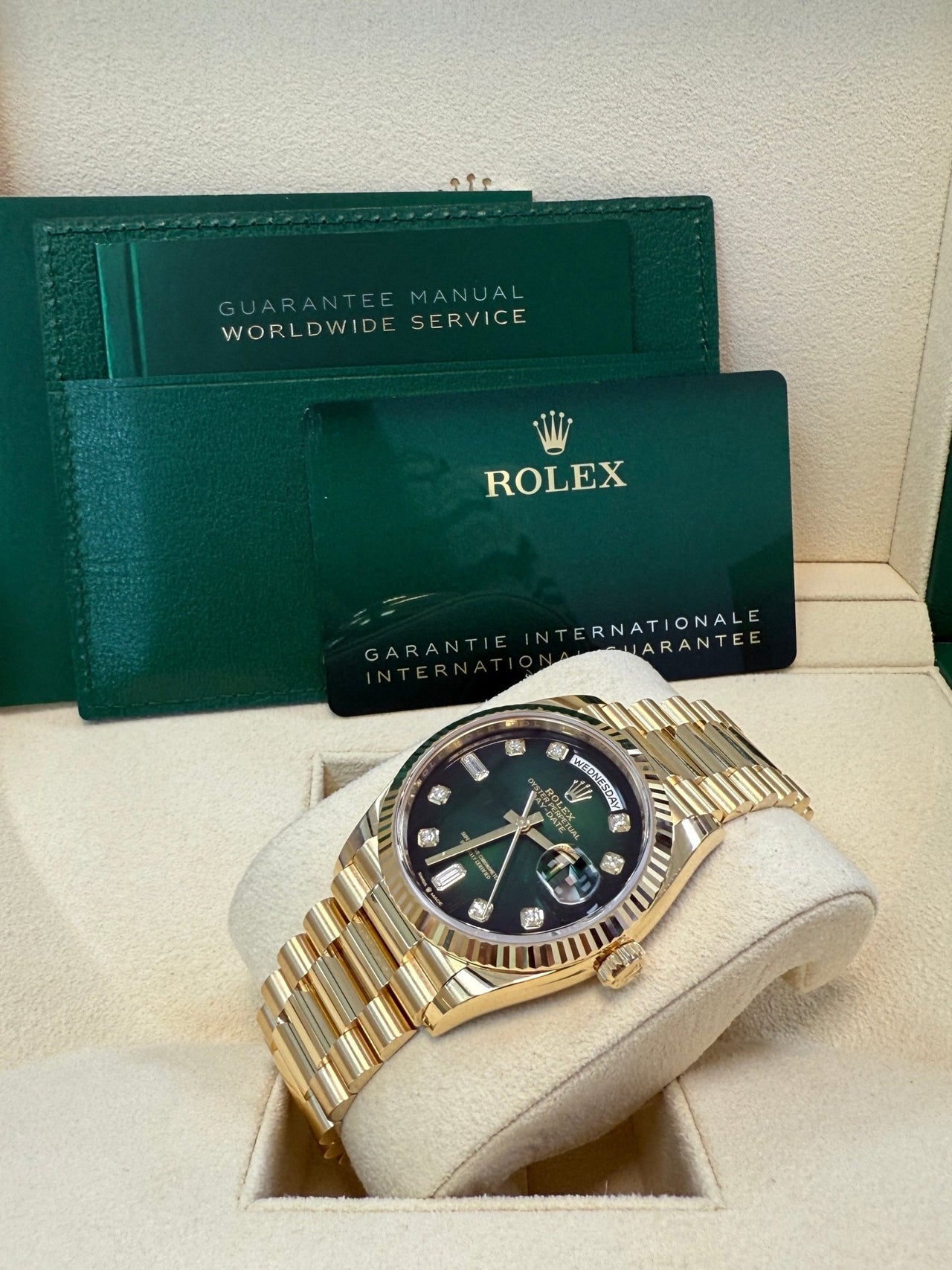 Rolex Day - Date 36 Watch Fluted Bezel Green Ombre´ Diamond Dial President Bracelet (Ref# 128238) - WatchesOff5th