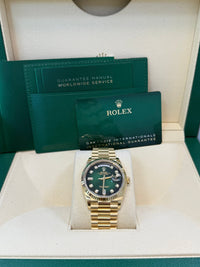 Thumbnail for Rolex Day - Date 36 Watch Fluted Bezel Green Ombre´ Diamond Dial President Bracelet (Ref# 128238) - WatchesOff5th