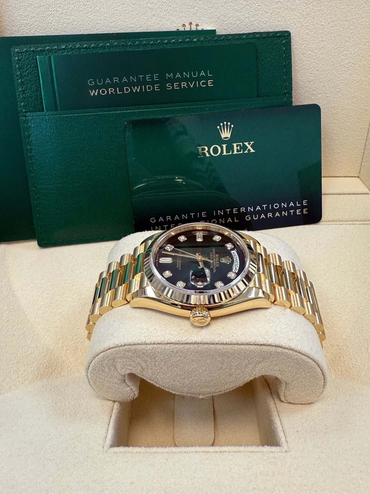 Rolex Day - Date 36 Watch Fluted Bezel Green Ombre´ Diamond Dial President Bracelet (Ref# 128238) - WatchesOff5th