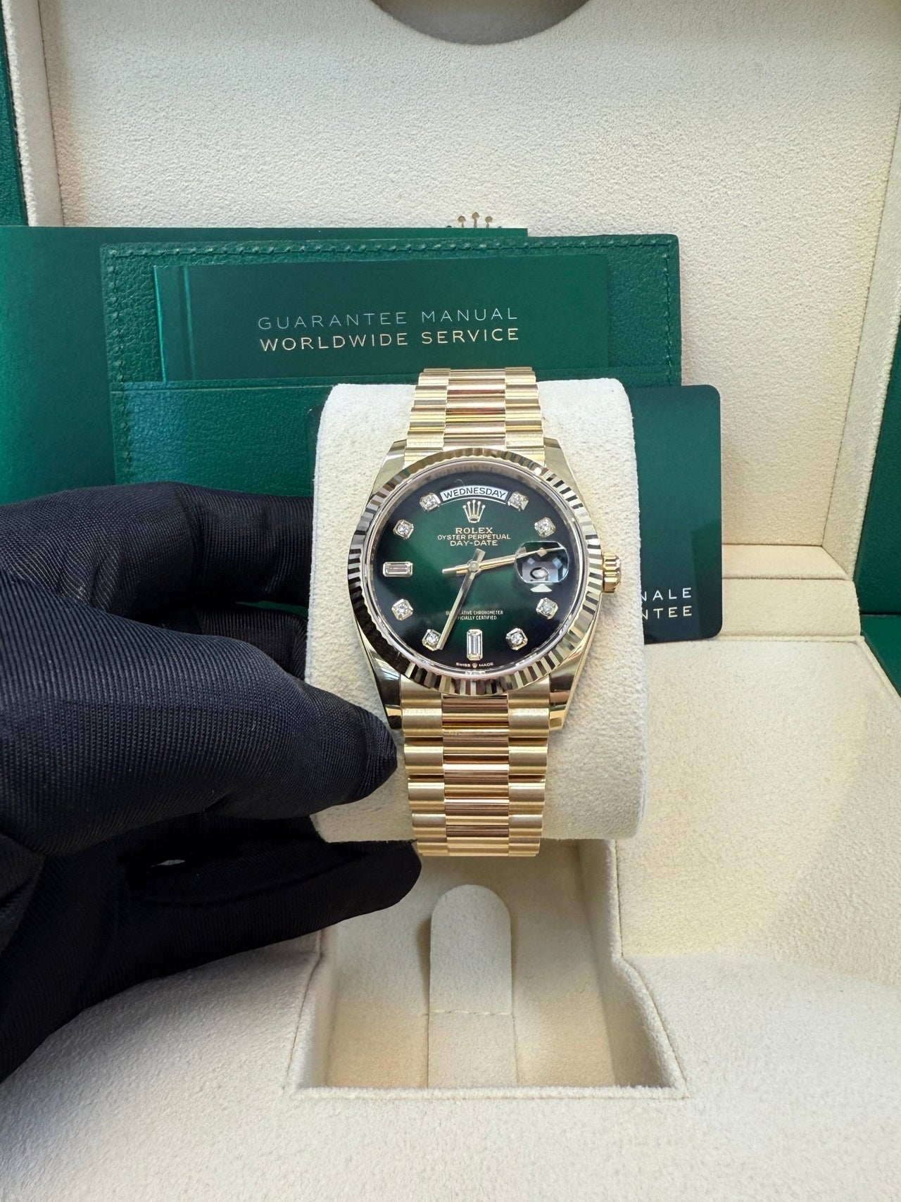 Rolex Day - Date 36 Watch Fluted Bezel Green Ombre´ Diamond Dial President Bracelet (Ref# 128238) - WatchesOff5th