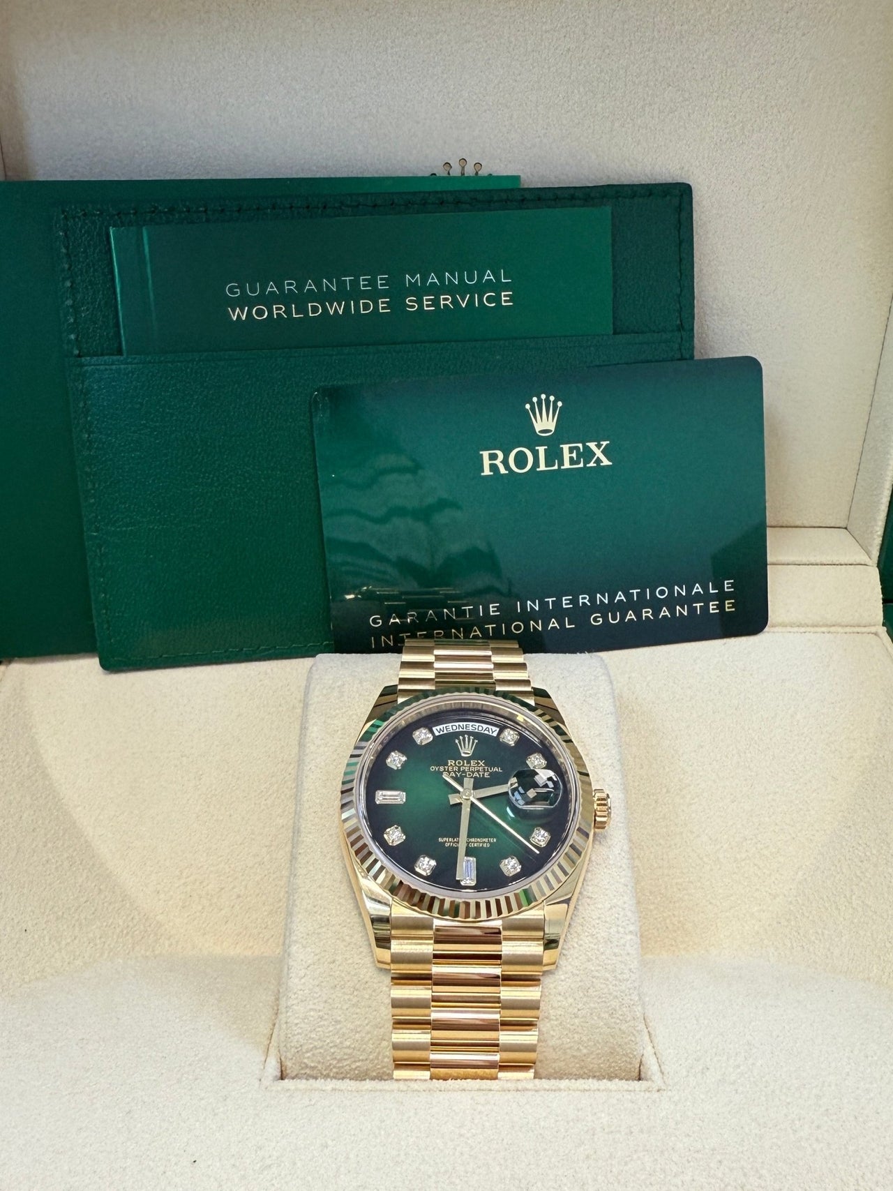 Rolex Day - Date 36 Watch Fluted Bezel Green Ombre´ Diamond Dial President Bracelet (Ref# 128238) - WatchesOff5th