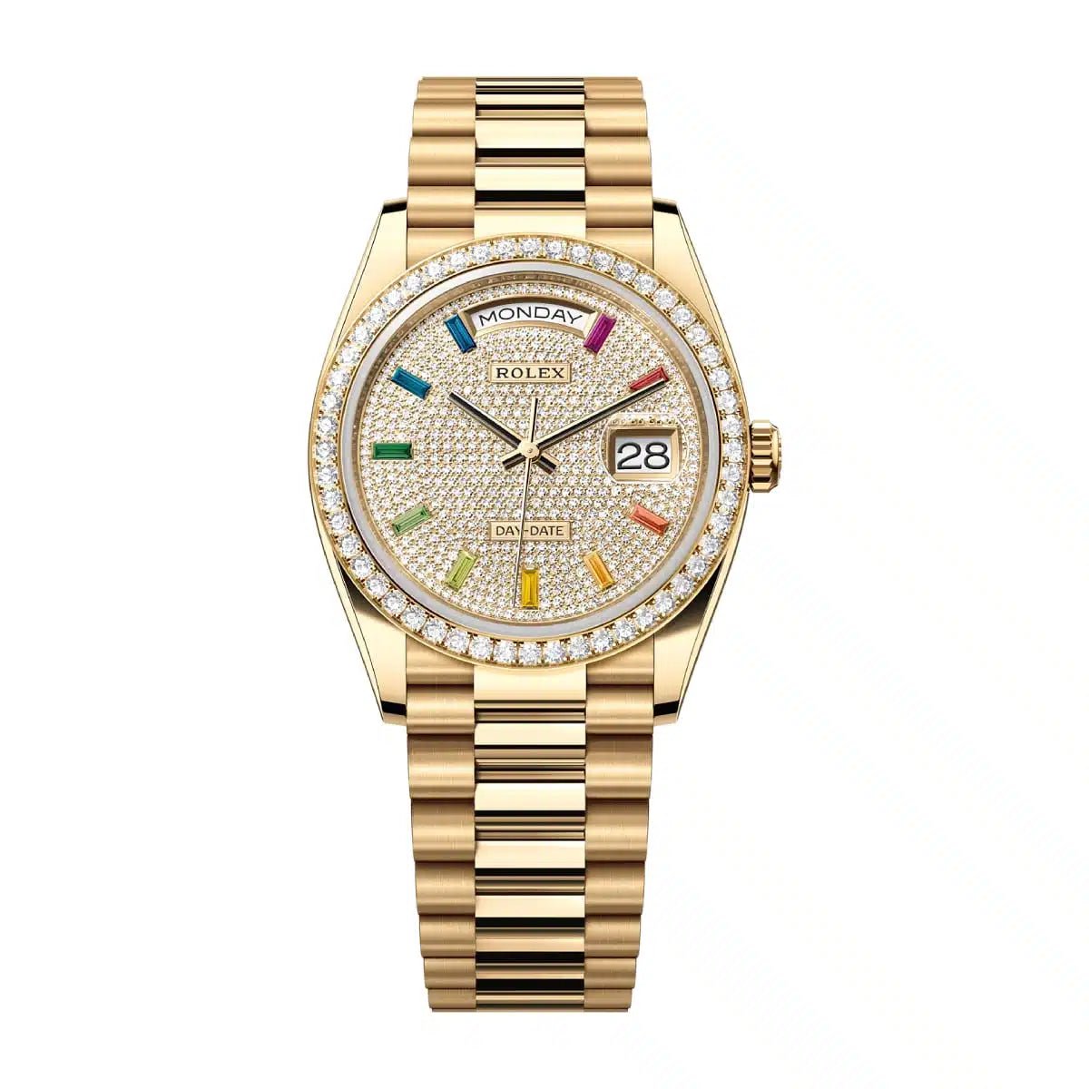 Rolex Day - Date 36mm Yellow Gold Pave Rainbow Reference 128348RBR - WatchesOff5thWatch