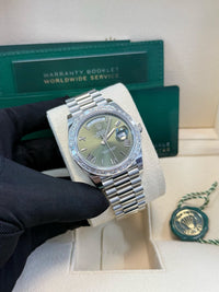 Thumbnail for Rolex Day - Date 40 Baguette Diamond Bezel Olive Green Roman Dial President Bracelet 228396TBR - WatchesOff5th