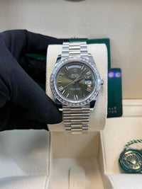 Thumbnail for Rolex Day - Date 40 Baguette Diamond Bezel Olive Green Roman Dial President Bracelet 228396TBR German Day Wheel - WatchesOff5th
