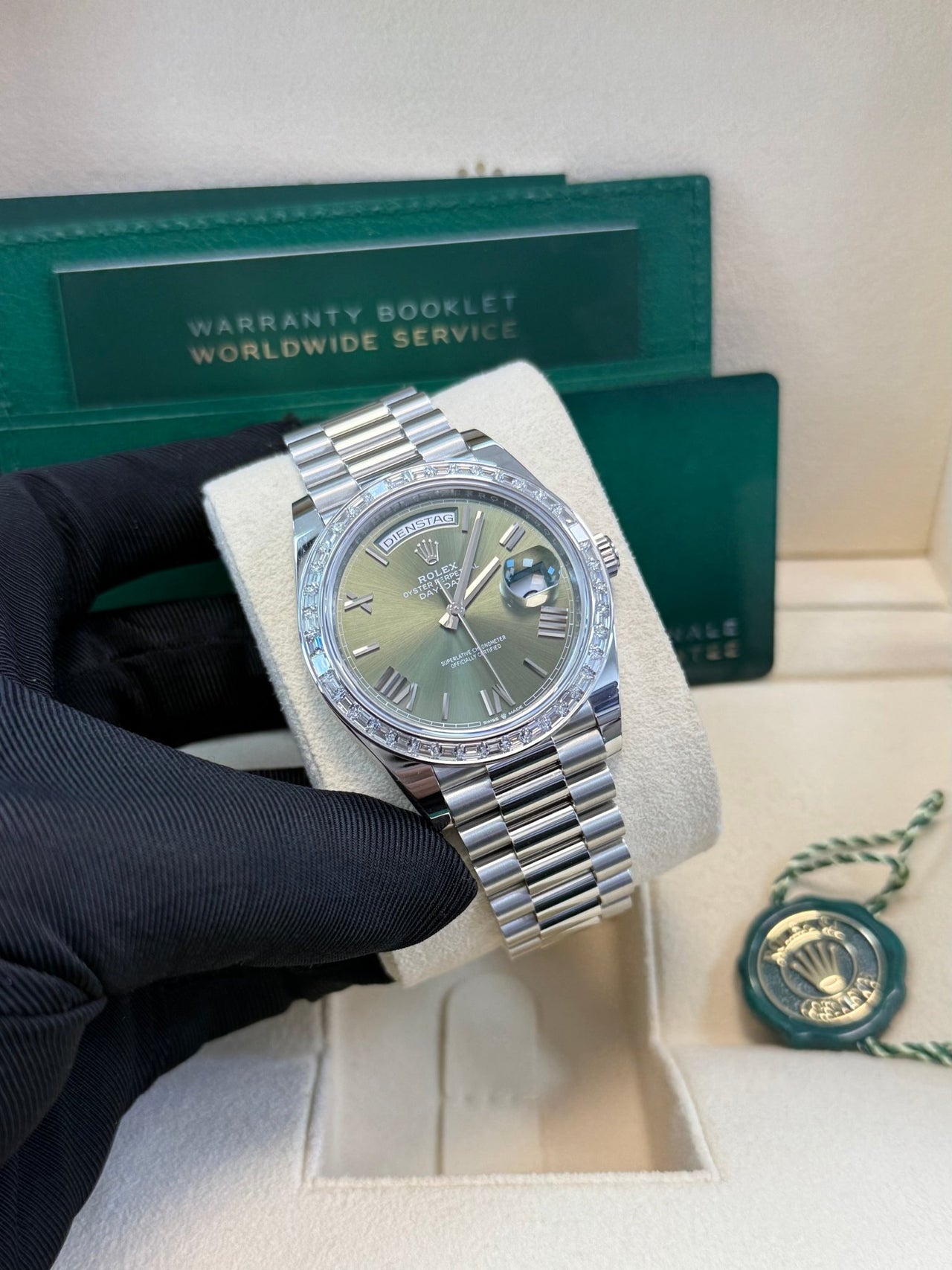 Rolex Day - Date 40 Baguette Diamond Bezel Olive Green Roman Dial President Bracelet 228396TBR German Day Wheel - WatchesOff5th