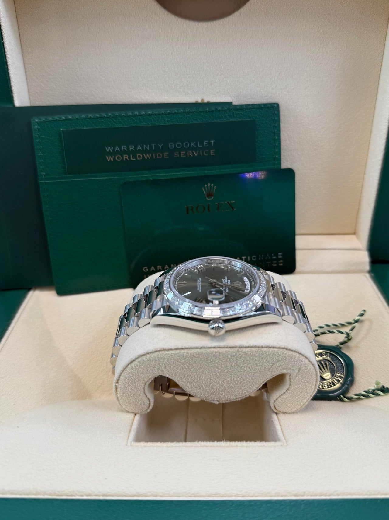 Rolex Day - Date 40 Baguette Diamond Bezel Olive Green Roman Dial President Bracelet 228396TBR German Day Wheel - WatchesOff5th