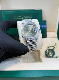 Thumbnail for Rolex Day - Date 40 Baguette Diamond Bezel Olive Green Roman Dial President Bracelet 228396TBR German Day Wheel - WatchesOff5th