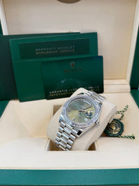 Thumbnail for Rolex Day - Date 40 Baguette Diamond Bezel Olive Green Roman Dial President Bracelet 228396TBR German Day Wheel - WatchesOff5th