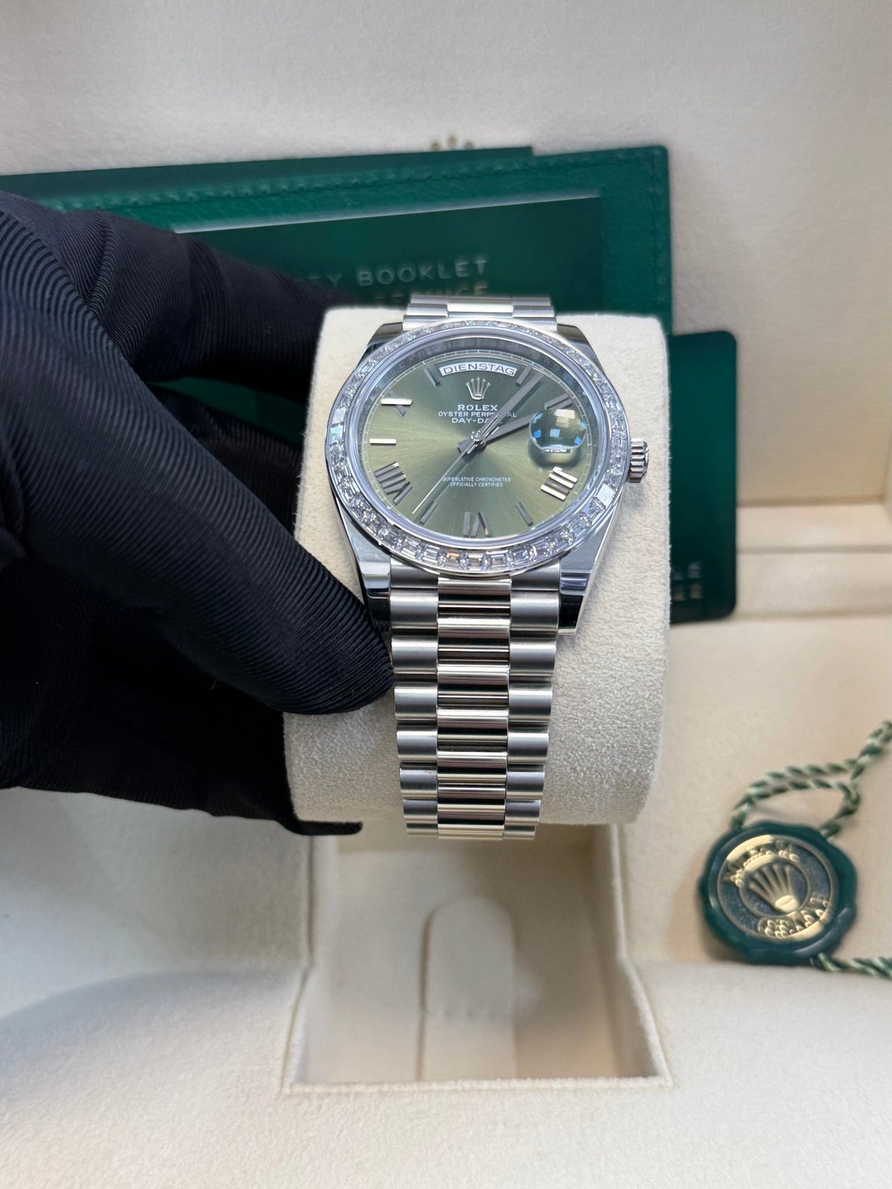 Rolex Day - Date 40 Baguette Diamond Bezel Olive Green Roman Dial President Bracelet 228396TBR German Day Wheel - WatchesOff5th