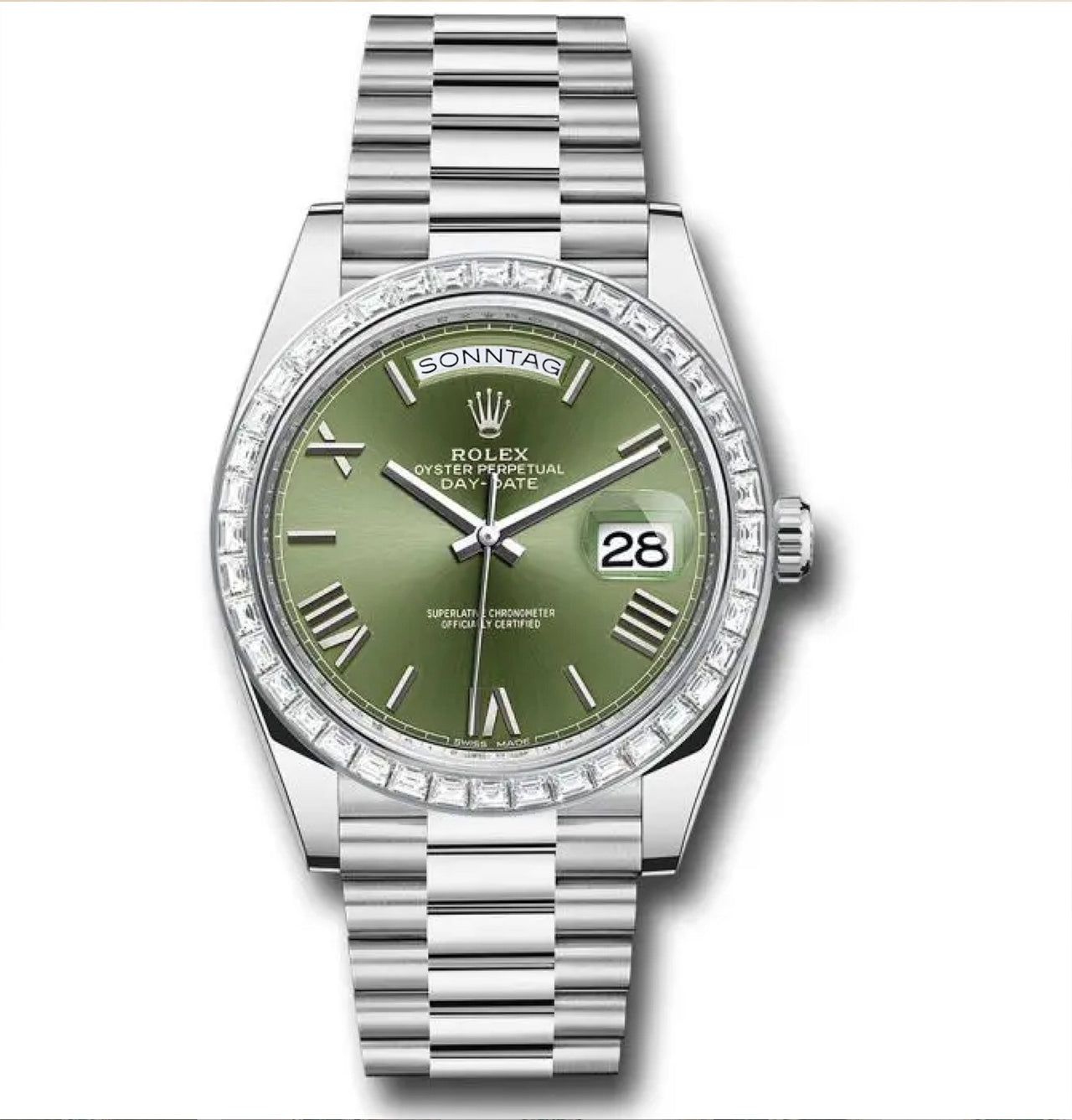 Rolex Day - Date 40 Baguette Diamond Bezel Olive Green Roman Dial President Bracelet 228396TBR German Day Wheel - WatchesOff5th