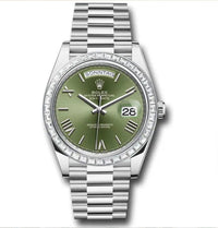 Thumbnail for Rolex Day - Date 40 Baguette Diamond Bezel Olive Green Roman Dial President Bracelet 228396TBR German Day Wheel - WatchesOff5th
