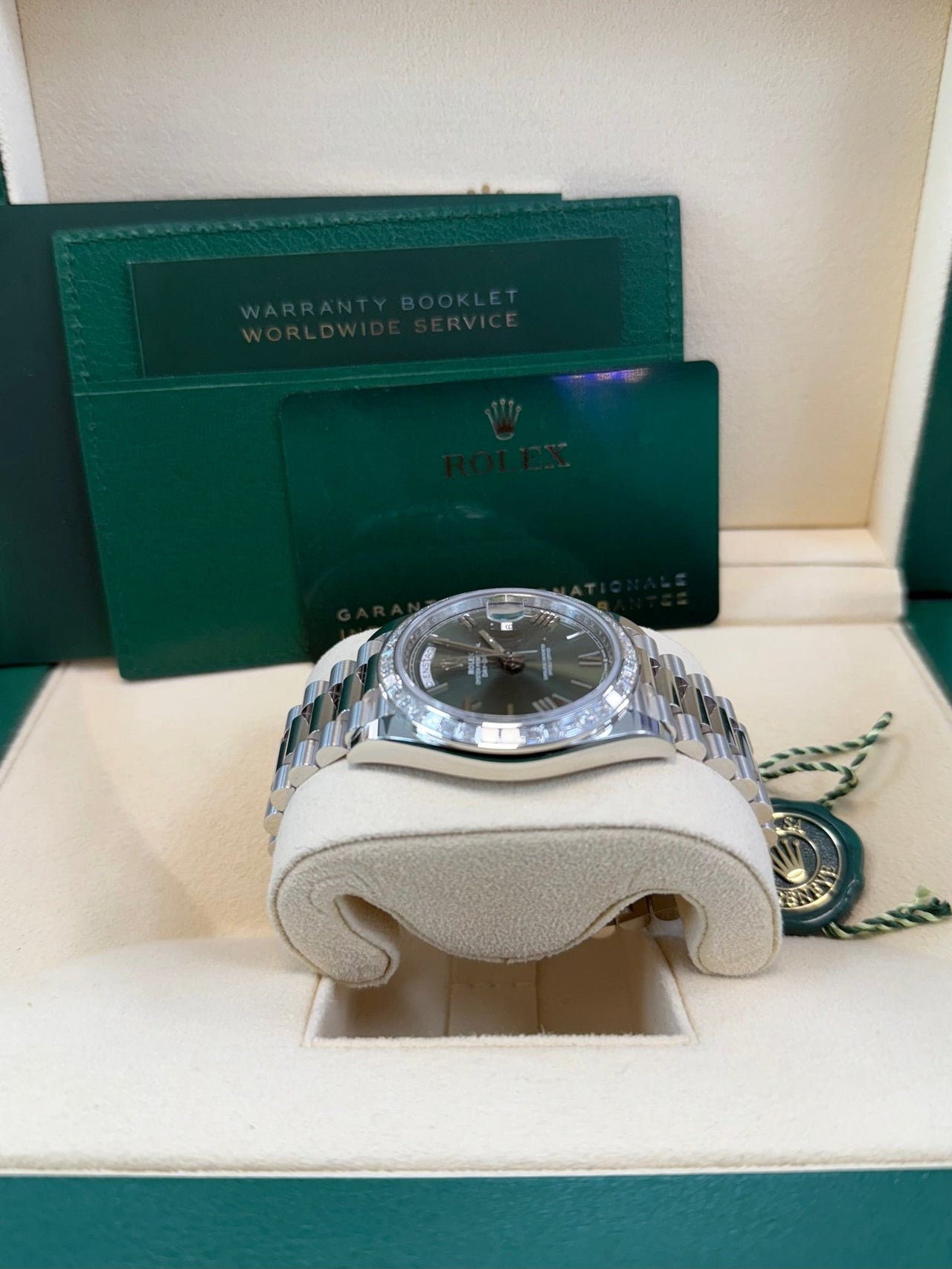 Rolex Day - Date 40 Baguette Diamond Bezel Olive Green Roman Dial President Bracelet 228396TBR German Day Wheel - WatchesOff5th