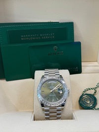Thumbnail for Rolex Day - Date 40 Baguette Diamond Bezel Olive Green Roman Dial President Bracelet 228396TBR German Day Wheel - WatchesOff5th