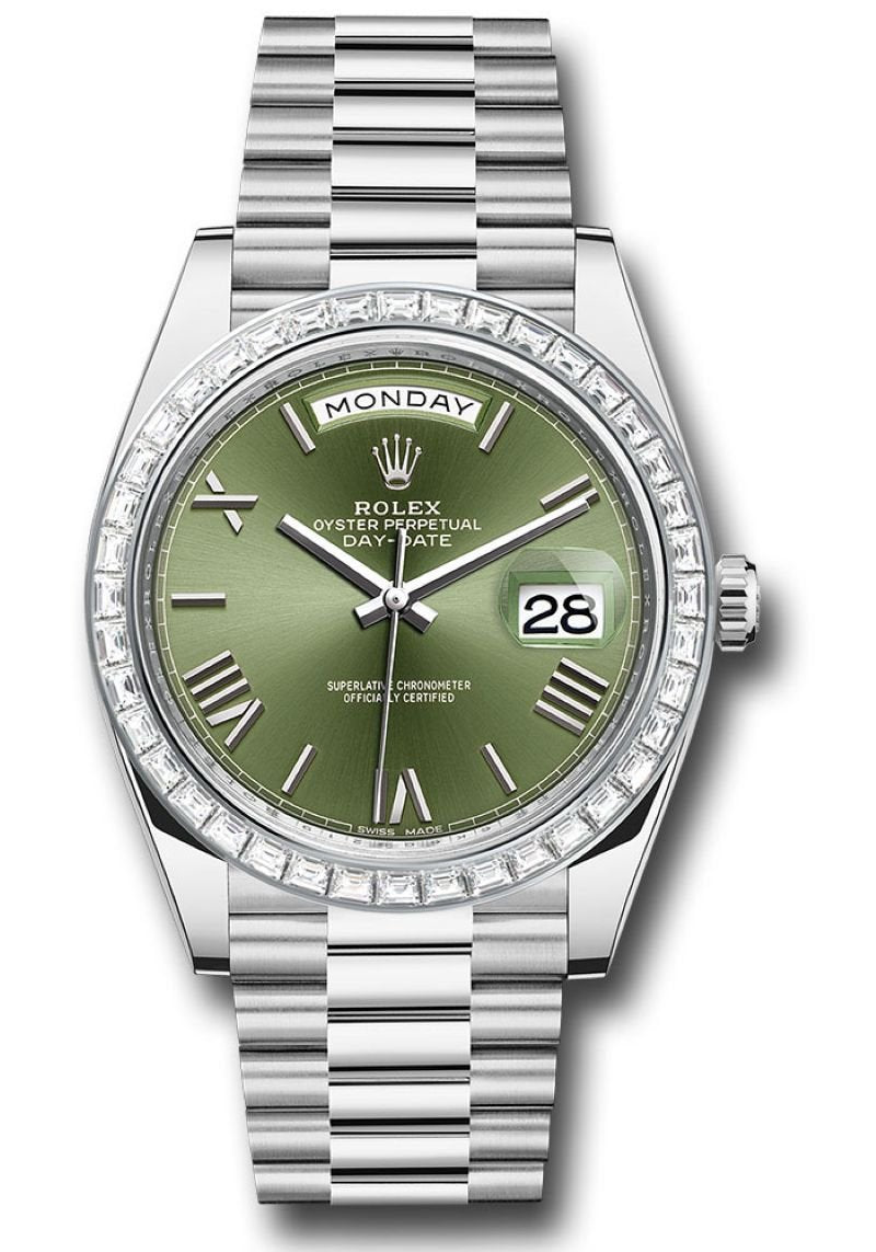 Rolex Day - Date 40 Baguette Diamond Bezel Olive Green Roman Dial President Bracelet 228396TBR German Day Wheel - WatchesOff5th