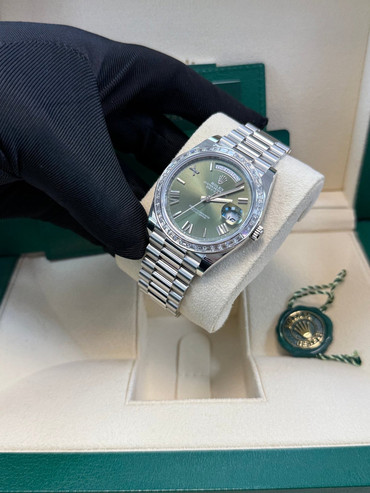 Rolex Day - Date 40 Baguette Diamond Bezel Olive Green Roman Dial President Bracelet 228396TBR German Day Wheel - WatchesOff5th