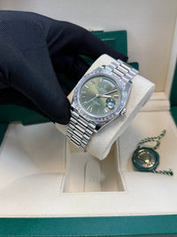 Thumbnail for Rolex Day - Date 40 Baguette Diamond Bezel Olive Green Roman Dial President Bracelet 228396TBR German Day Wheel - WatchesOff5th